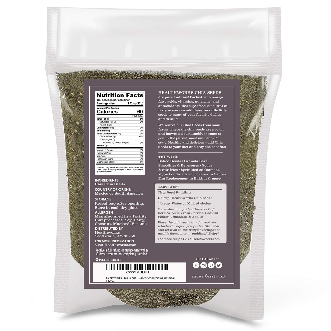 Healthworks Chia Seeds Raw (96 Ounce / 6 Pounds) | enhanced & All-Natural | Contains Omega 3  Fiber & Protein | Great with Shakes  Smoothies & Oatmeal | Packaging May Vary