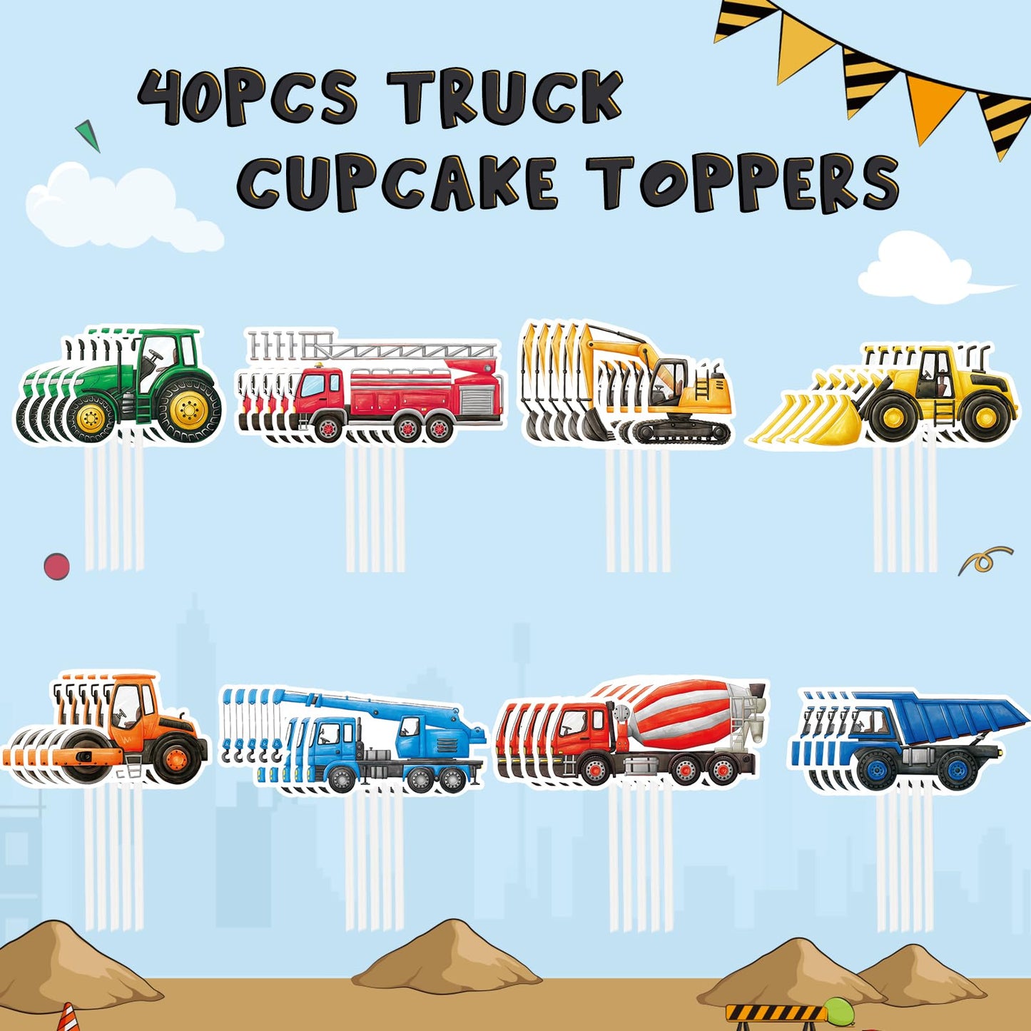 Wernnsai Construction Cupcake Topper - Construction Zone Birthday Party Supplies 40 Pcs Dump Truck Excavator Tractor Cake Food P