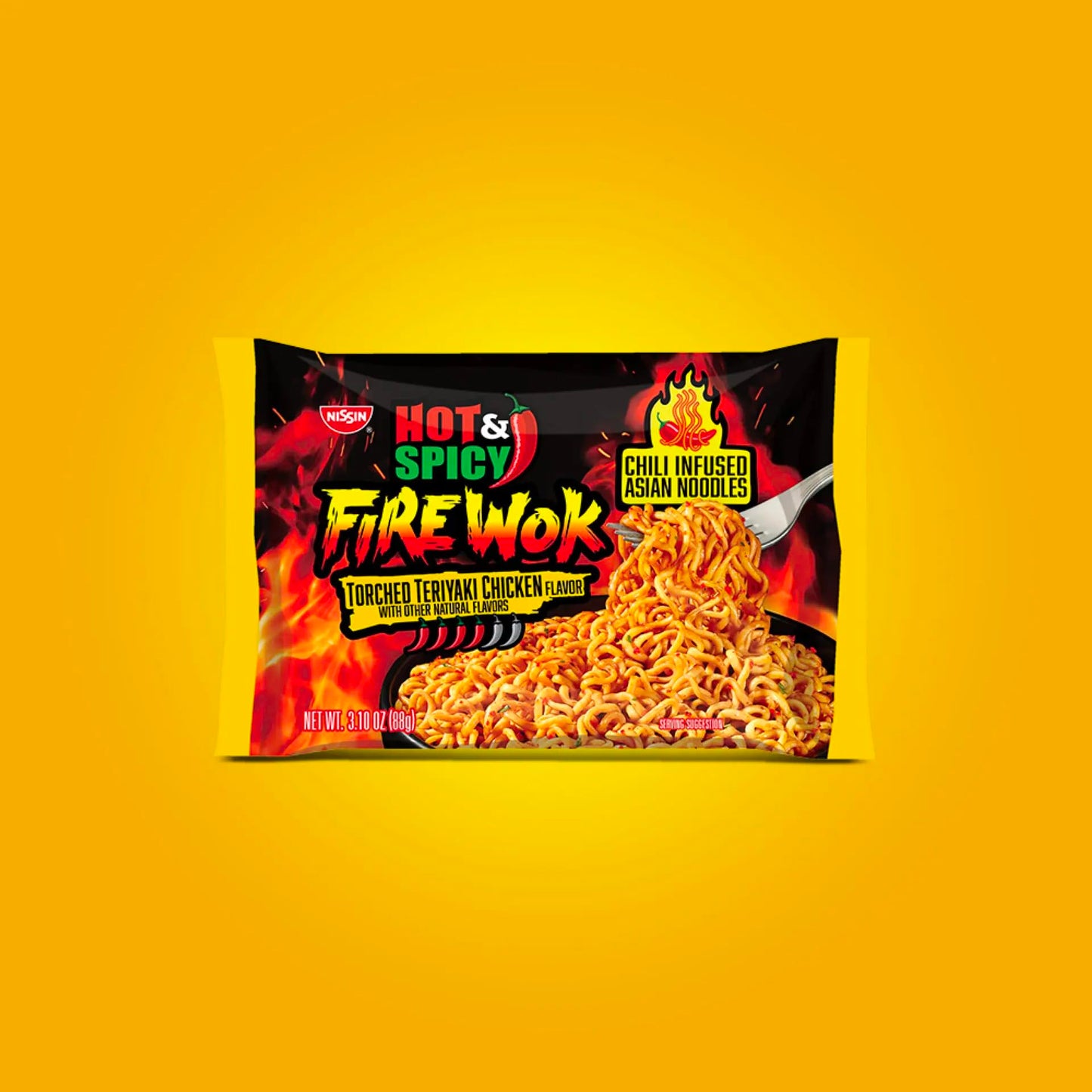 Nissin Fire Wok, Torched Teriyaki Chicken, Hot & Spicy Chile Infused Asian Noodles, 3.10 Ounce (Pack Of 12)