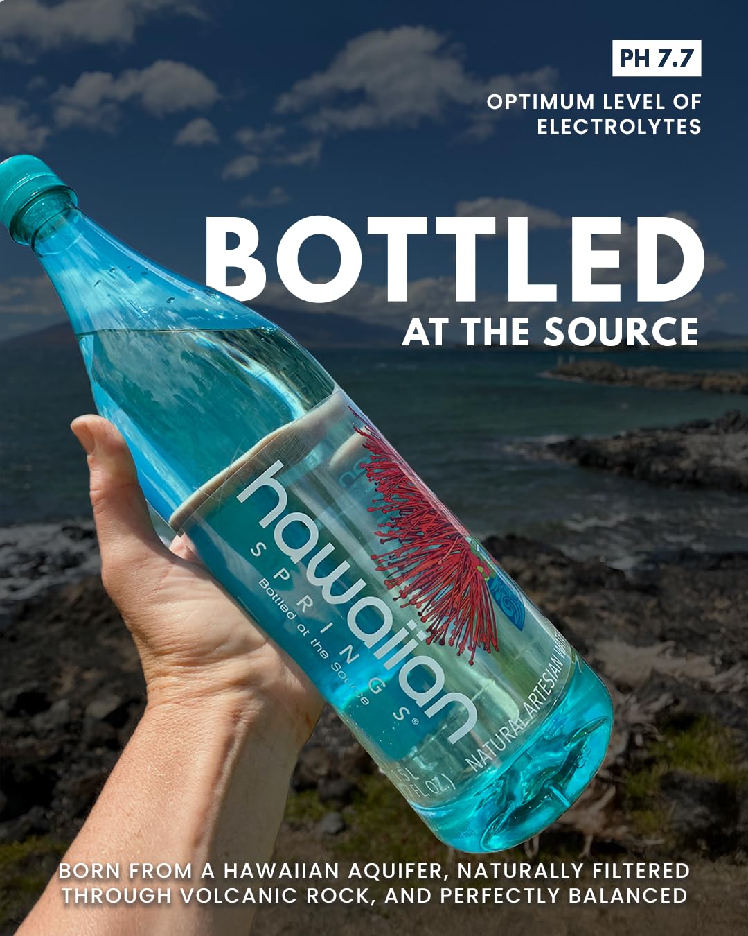 Hawaiian Springs Natural Artesian Bottled Water, 16.9 Fl Oz, Pack of 24, Volcanic Enhanced Alkaline Electrolytes, Big Island, Hawaii