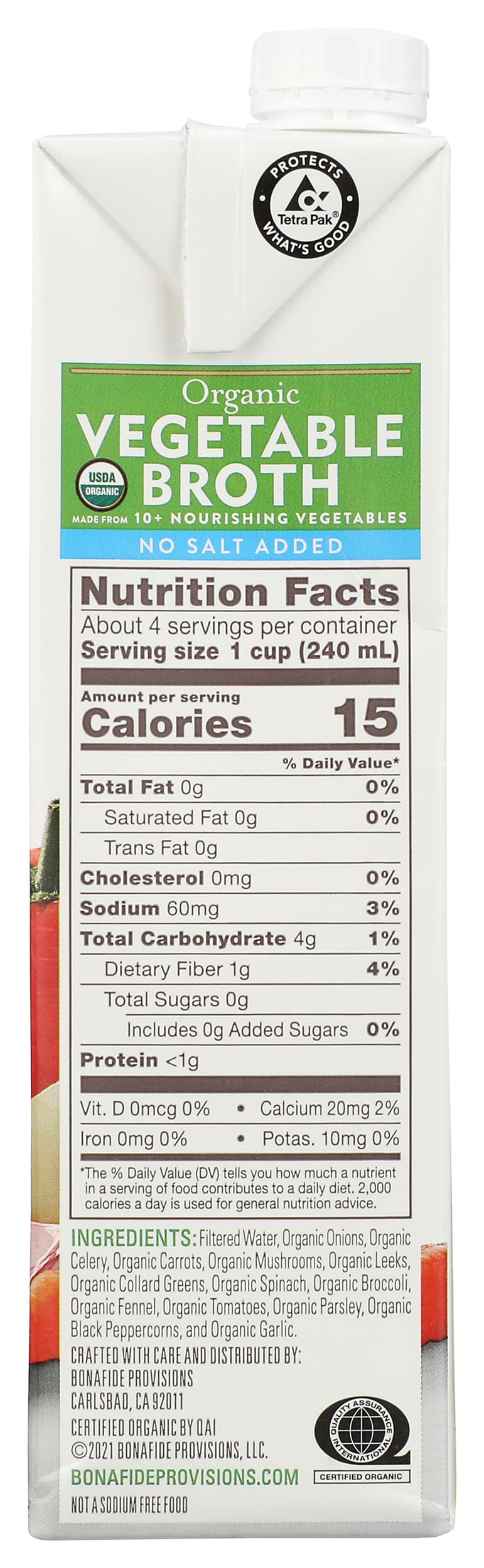 Bonafide Provisions Organic No Salt Added Vegetable Broth, 32 FZ