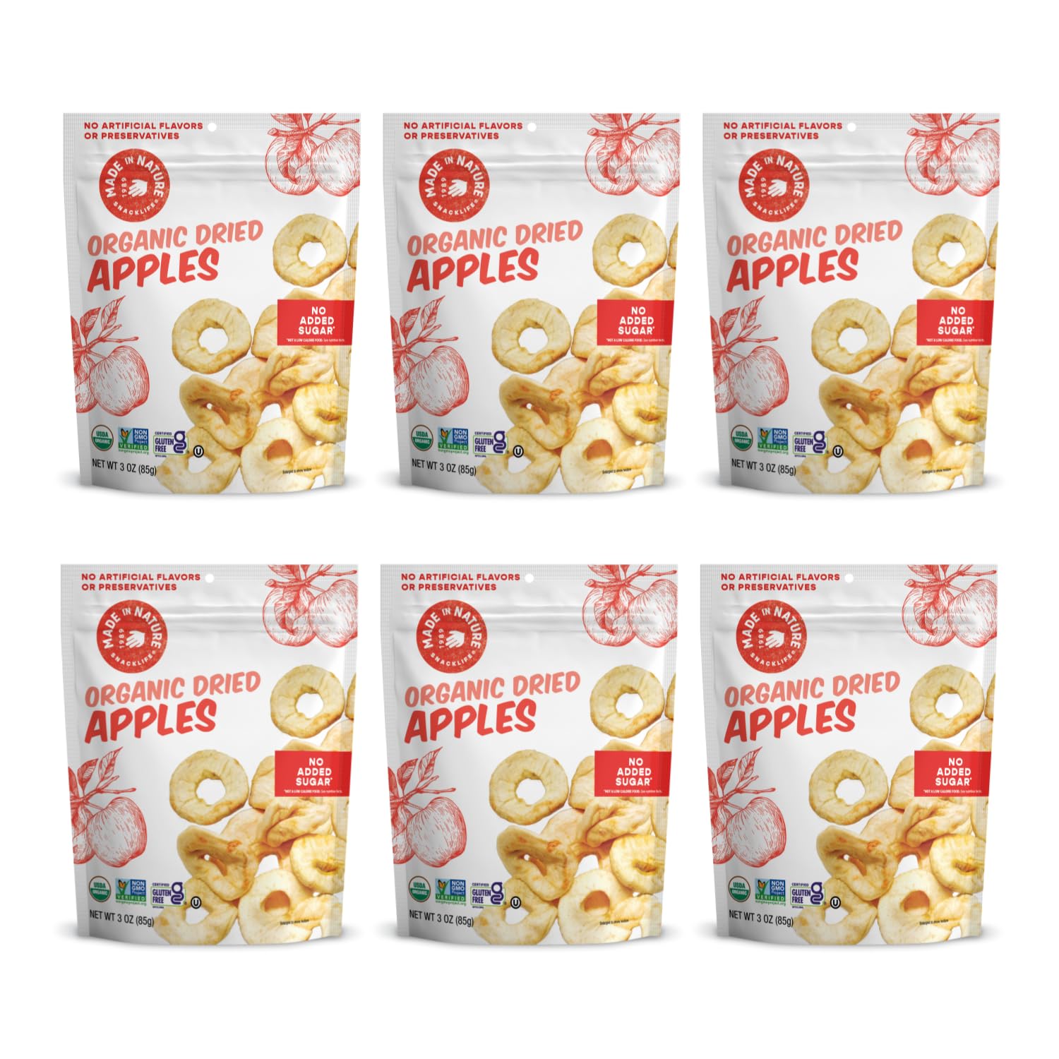 Made In Nature Organic Dried Apple Rings, 3 Ounce (Pack of 6) - Vegan Snack, Non-GMO, Unsulfured, Gluten Free, Kosher