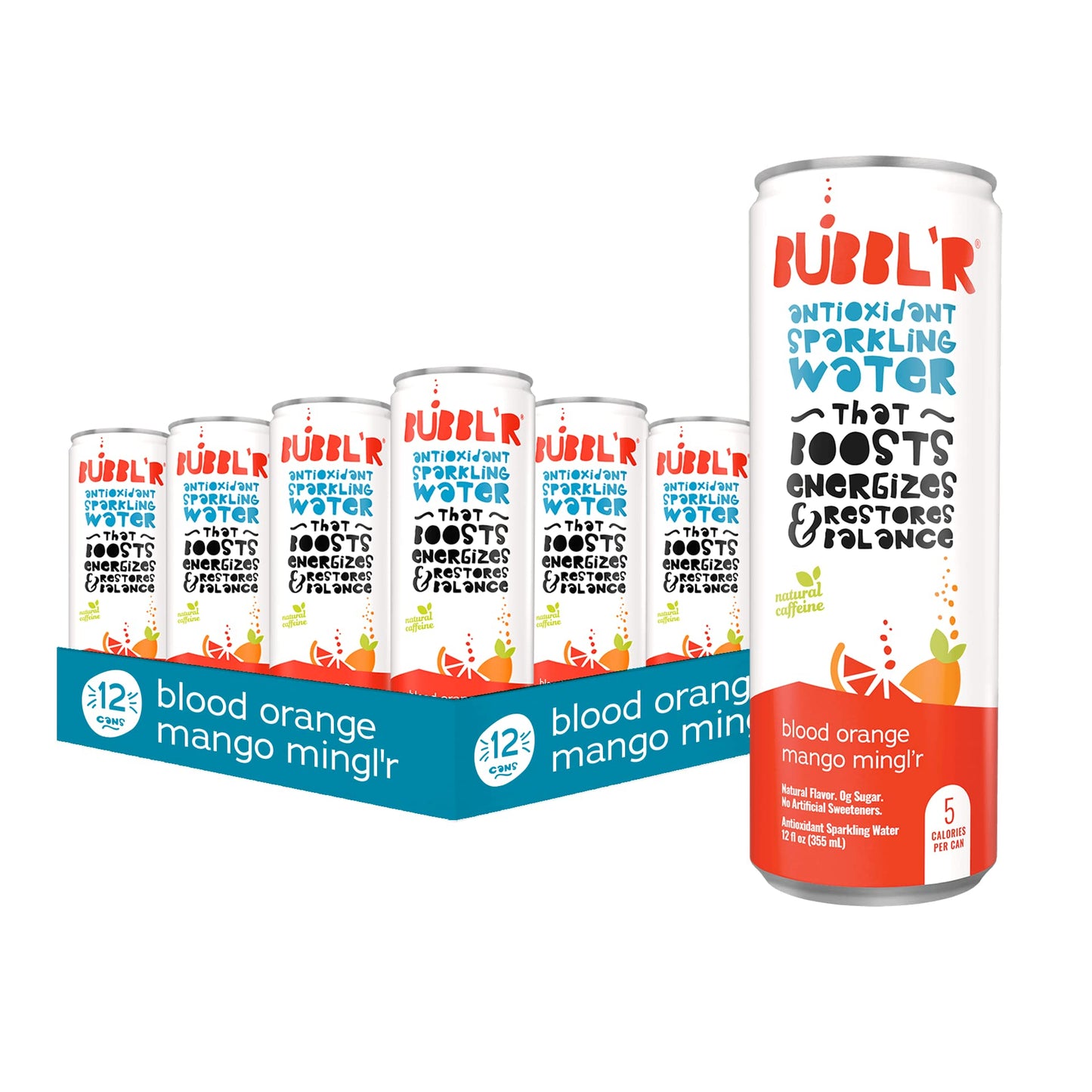 Bubblr Antioxidant Sparkling Water, Blood Orange Mango, 12 Fl Oz Cans, 12 Count, 0g Sugar, Gluten Free, All Natural Flavors
