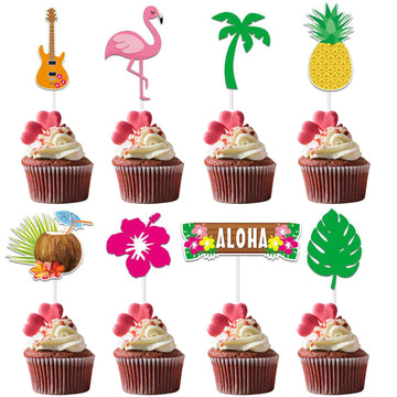 Morofme 24Pcs Tropical Cupcake Decoration, Hawaiian Luau Aloha Cupcake Toppers Cake Picks With Flamingo Pineapple Palm Leaves Hi
