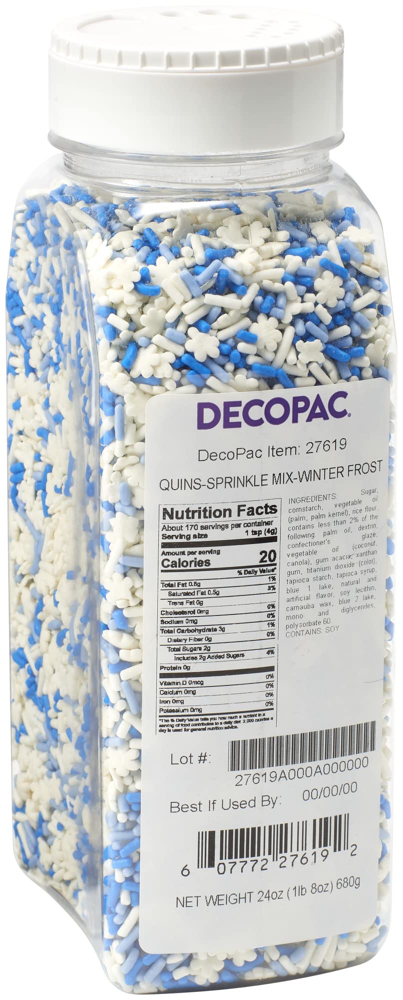 DECOPAC Winter Frost Mix Quins, 24oz, Fancy Sprinkles In Snowflake and Icicle Shapes, Candy Sprinkles in Handheld Container, Edi