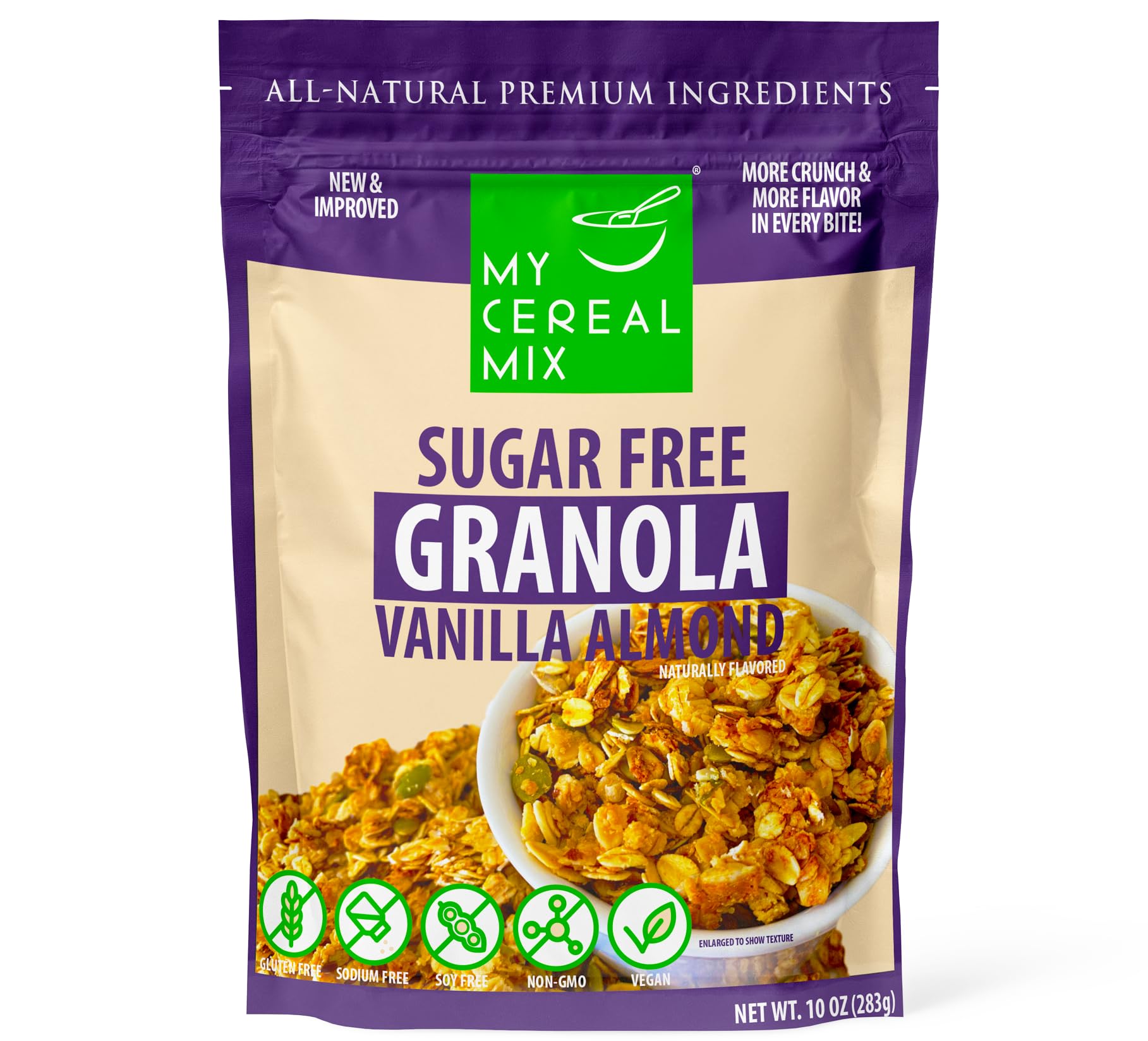 Mycerealmix Sugar Free Granola - Vanilla Almond (Non-Gmo, Plant-Based, Vegan, Gluten Free, Soy Free, Sodium Free, No Erythritol,
