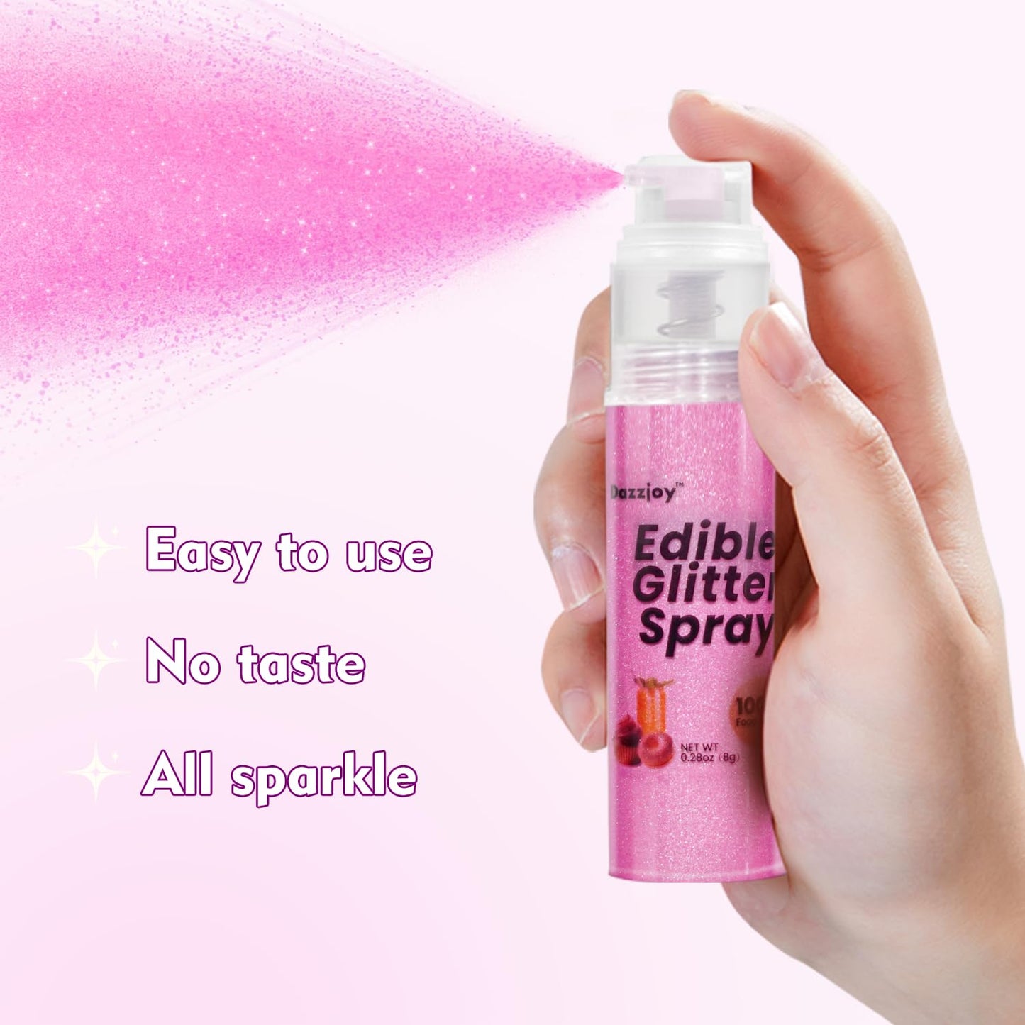 Dazzjoy Pink Edible Glitter Spray, 100% Food Grade, Kosher & Halal, 8g