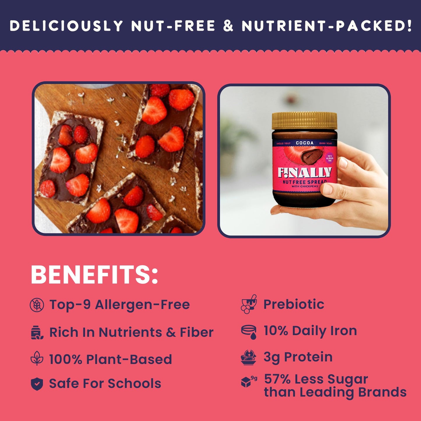 Finally Nut Free Cocoa Spread - Less Sugar Than Leading Brands - Made with USA-Grown Chickpeas, Plant-Based, Vegan, Top-9 Allerg