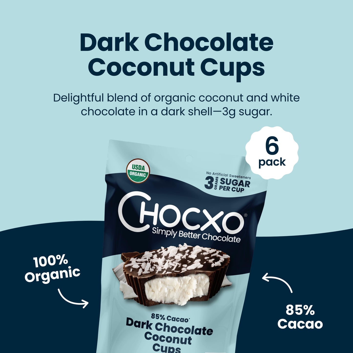 ChocXO Dark Chocolate Coconut Cups, 85% Cacao, 3g Sugar, Keto, 3.45 oz (Pack of 6), Gluten Free, Non-GMO, Kosher