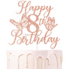 Rose Gold Glitter Happy 8th Birthday Cake Topper, Butterfly Happy/Cheers to 8 Years, Butterfly Themed 8th Party Decorations for 