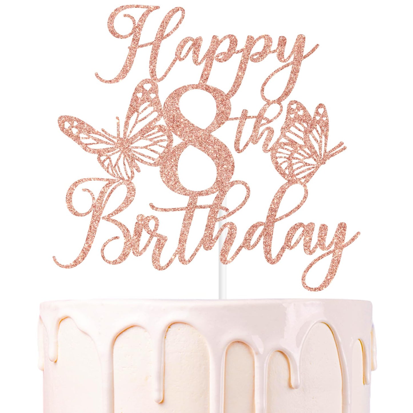 Rose Gold Glitter Happy 8th Birthday Cake Topper, Butterfly Happy/Cheers to 8 Years, Butterfly Themed 8th Party Decorations for 