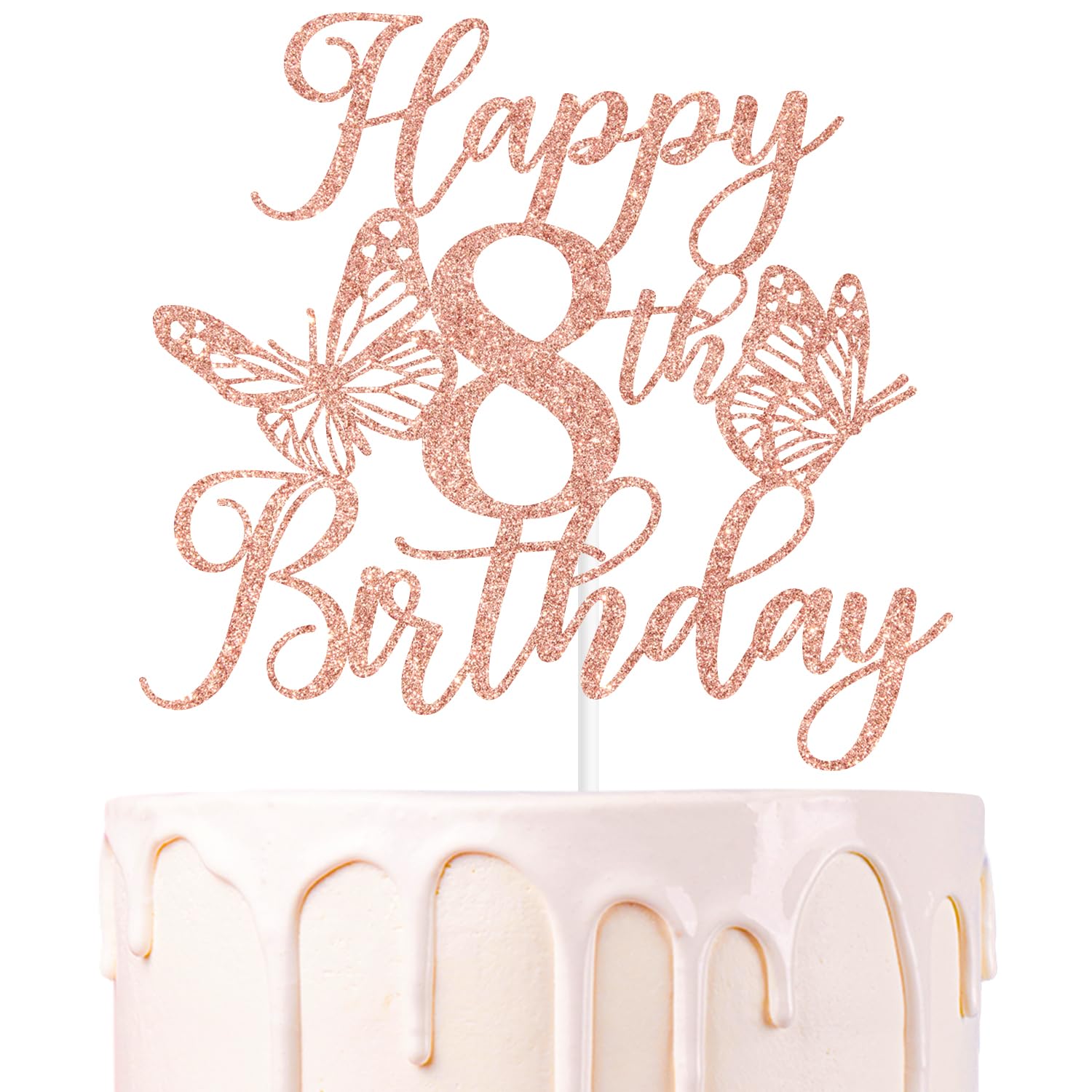 Rose Gold Glitter Happy 8th Birthday Cake Topper, Butterfly Happy/Cheers to 8 Years, Butterfly Themed 8th Party Decorations for 