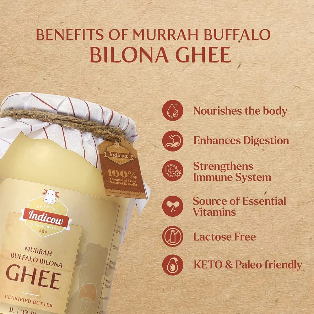 Indicow Murrah Buffalo Desi Ghee | Grass Fed Buffalo| Pure Authentic Vedic (1000ML(33.8oz), Buffalo Ghee) |Clarified Butter