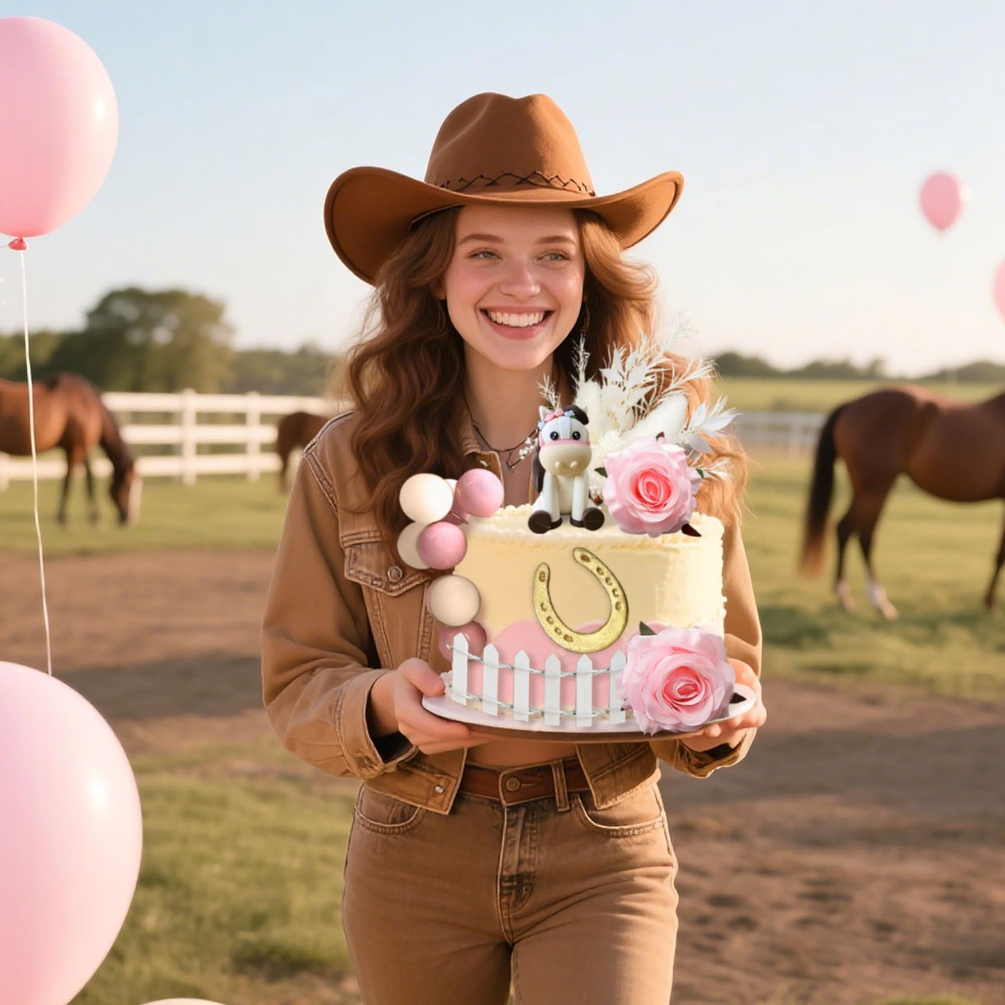 JeVenis Boho Horse Cake Decoration, Plastic Cowgirl Cake Topper, Small, White