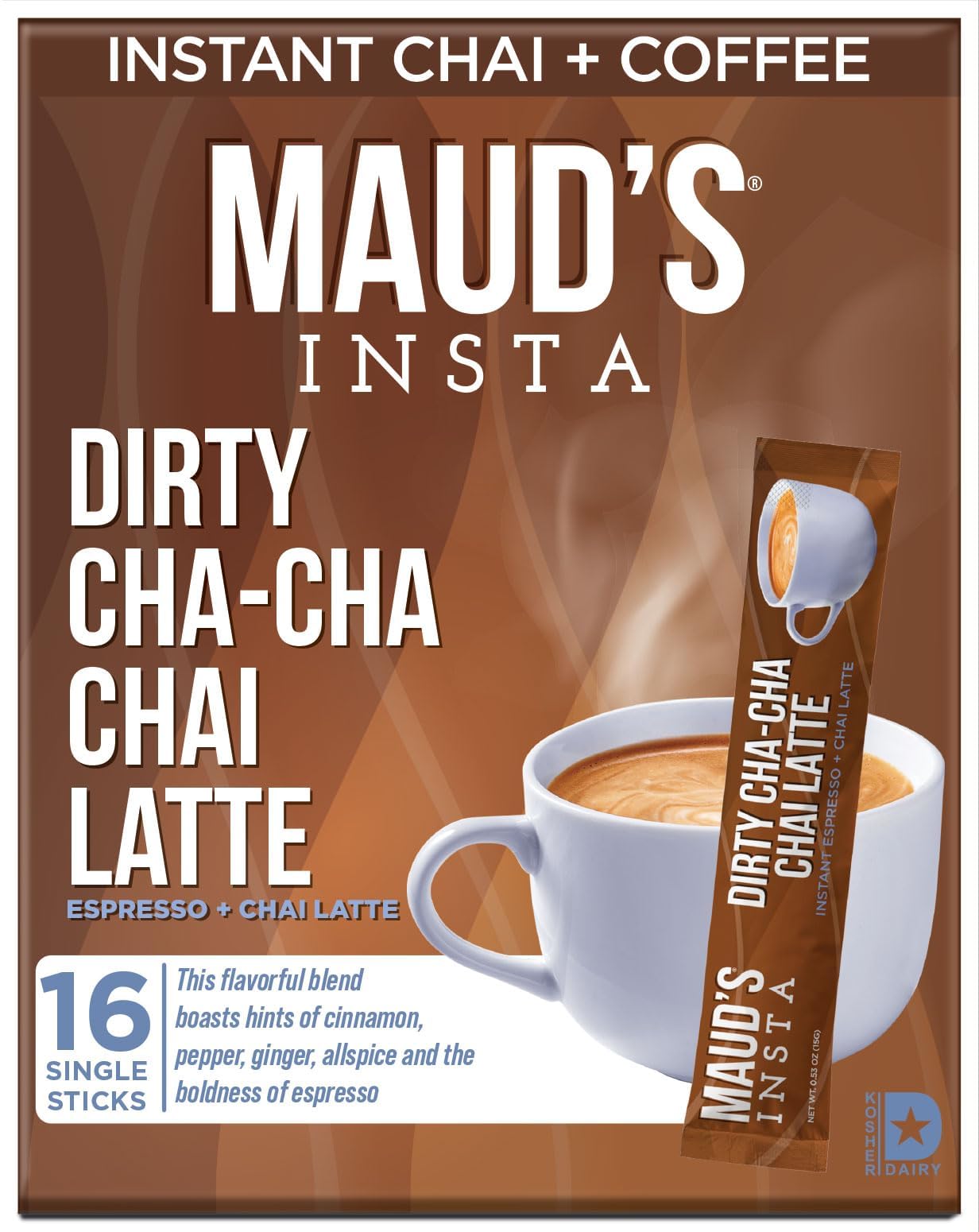 Maud's Espresso Chai Tea Latte Instant Packets, 16 ct, 100% Gourmet Blended Tea Leaves, Instant Hot or Iced Latte - Just add wat