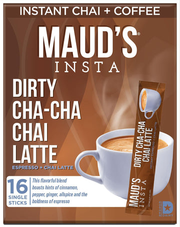 Maud's Espresso Chai Tea Latte Instant Packets, 16 ct, 100% Gourmet Blended Tea Leaves, Instant Hot or Iced Latte - Just add wat