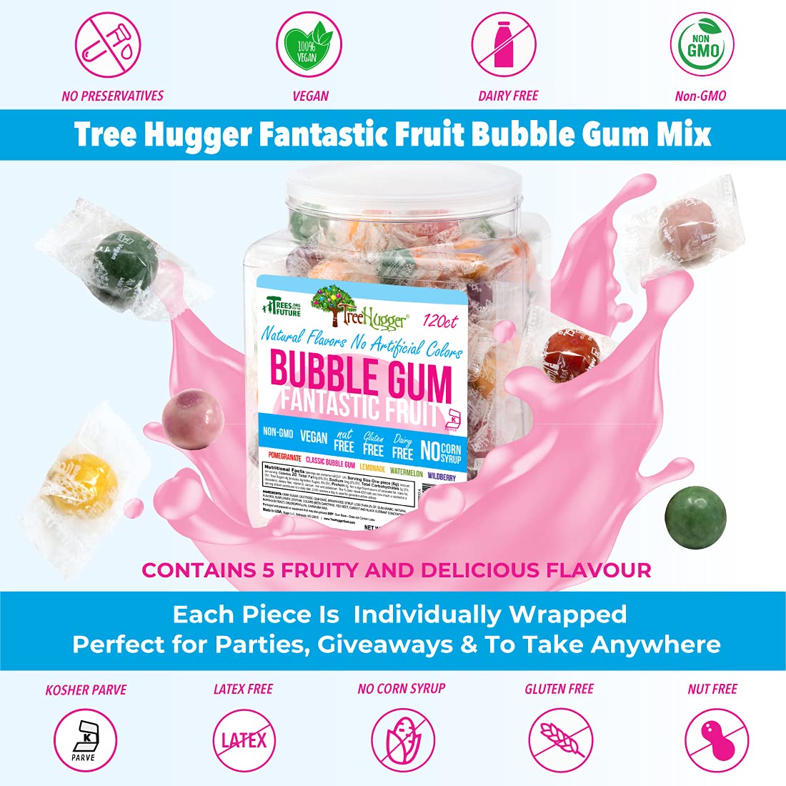 Tree Hugger Bubble Gum, Fantastic Fruit, Natural Flavors, No Artificial Colors, 120 Count Tub