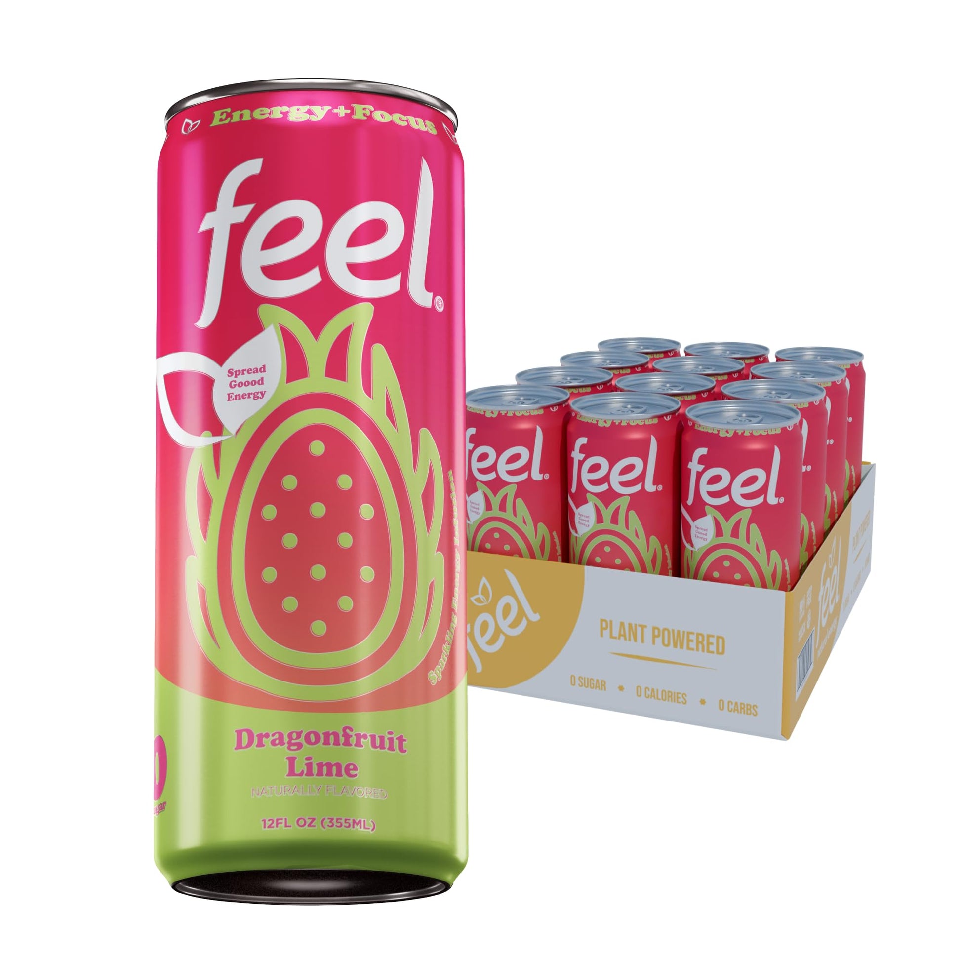 Feel Zero Sugar Energy Drink - Dragonfruit Lime  Natural Energy Blend (140Mg) With L-Theanine For Focus  Vitamin C For Immunity  Vegan  Non-Gmo  No Artificial Sweeteners  12 Fl Oz Cans (12-Pack)