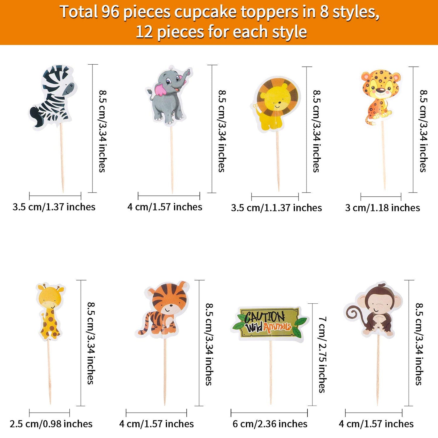 96 Pieces Safari Cupcake Toppers Jungle Animal Cupcake Picks Tiger Zebra Monkey Leopard Elephant Giraffe Lion Toothpicks Zoo The