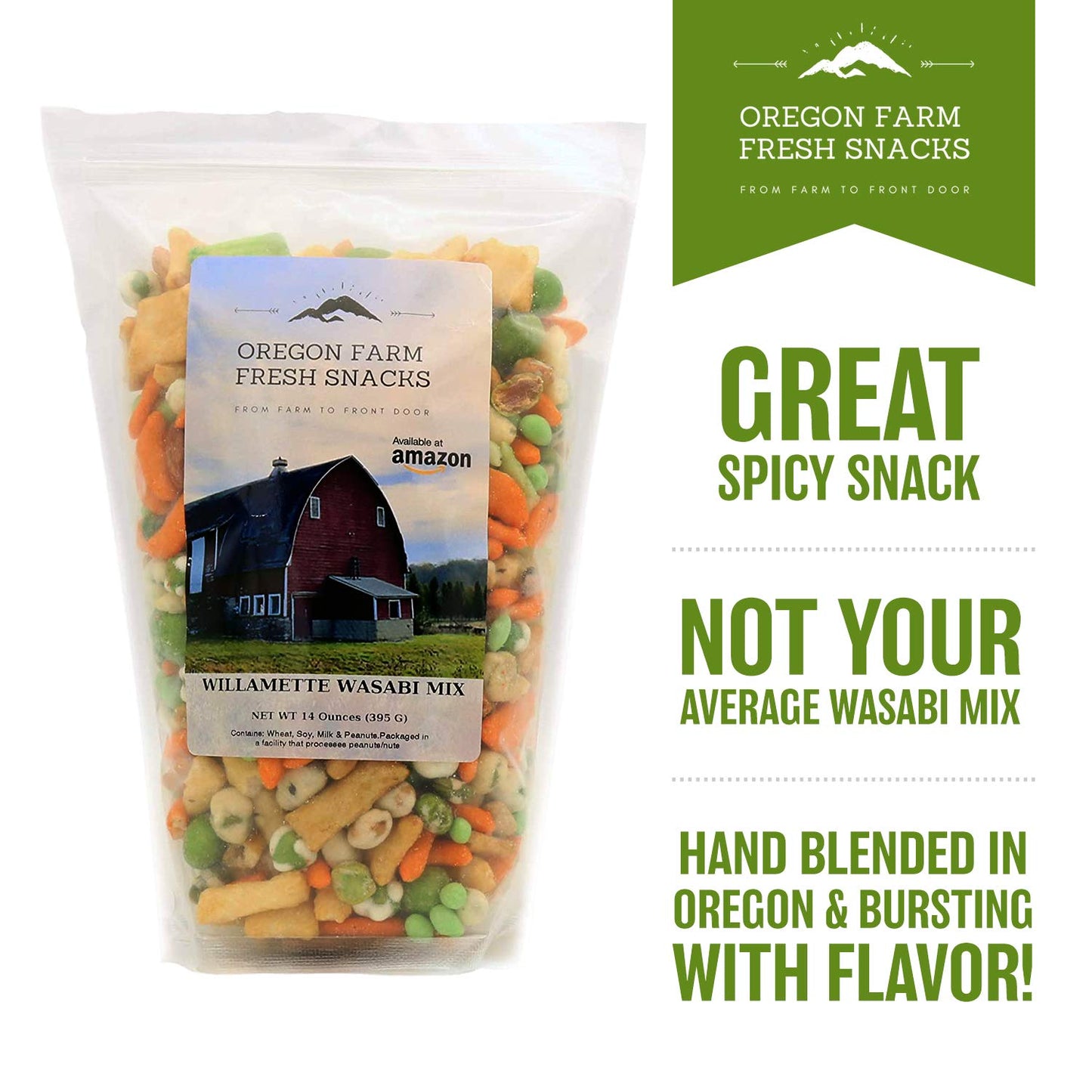 OREGON FARM FRESH SNACKS Wasabi Peas & Rice  ers Mix - 14 oz - Asian Snacks with Almonds, Peanuts & Soybeans