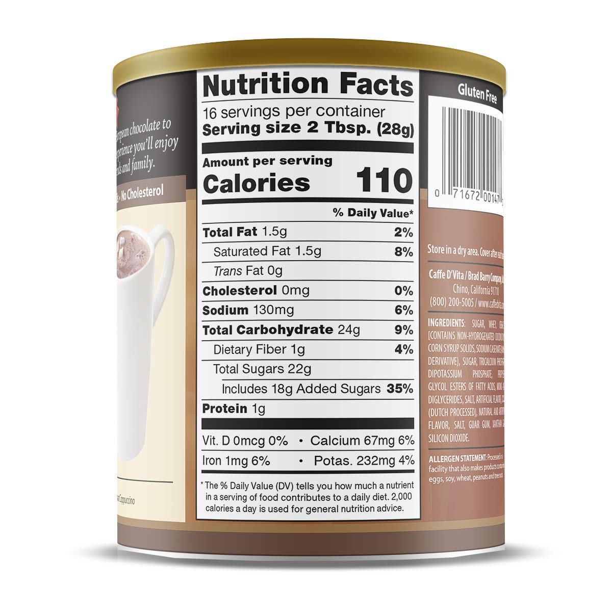 Caffe Dvita Hot Cocoa Mix - Hot Chocolate Mix, Gluten Free, Low Fat, No Cholesterol, No Hydrogenated Oils, No Trans Fat, Kosher,