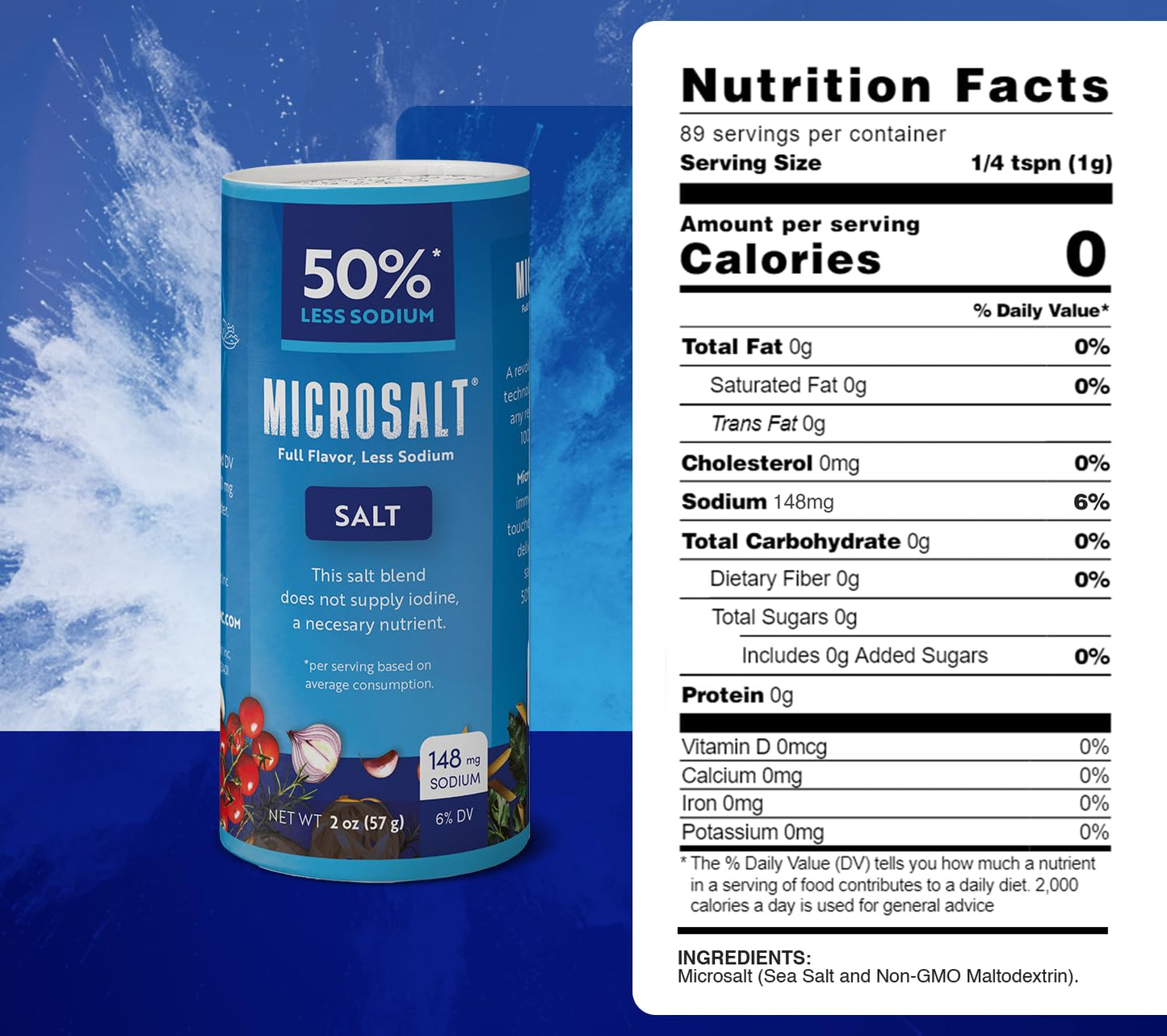 Microsalt 50% Less Sodium Salt, Regular Salt Substitute, Seasoning Salt For Snacks, Full Flavor, Less Sodium, 2 Oz, Pack Of 2