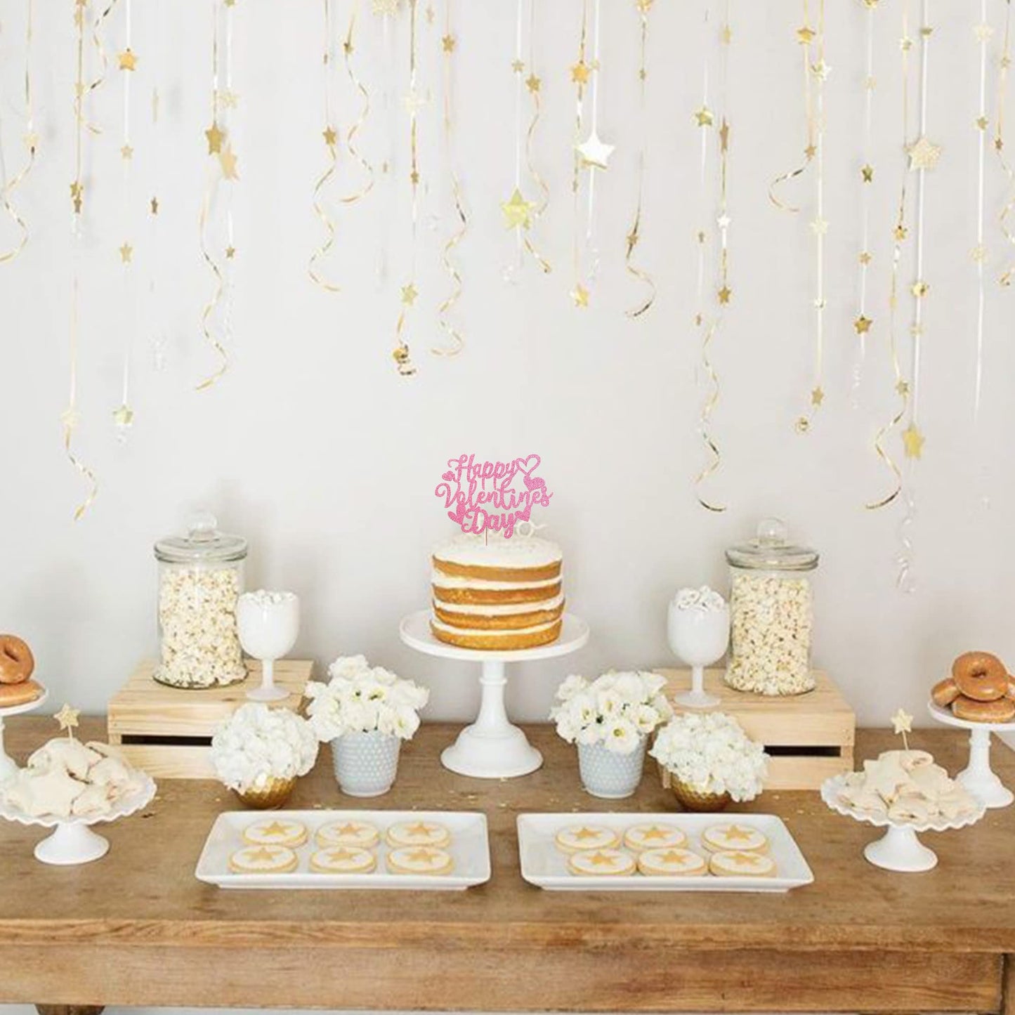 YCTHUNFISH Valentines Day Cake Topper - Glitter Heart Design, Bamboo, Pink, for Engagement & Birthday Party Decorations
