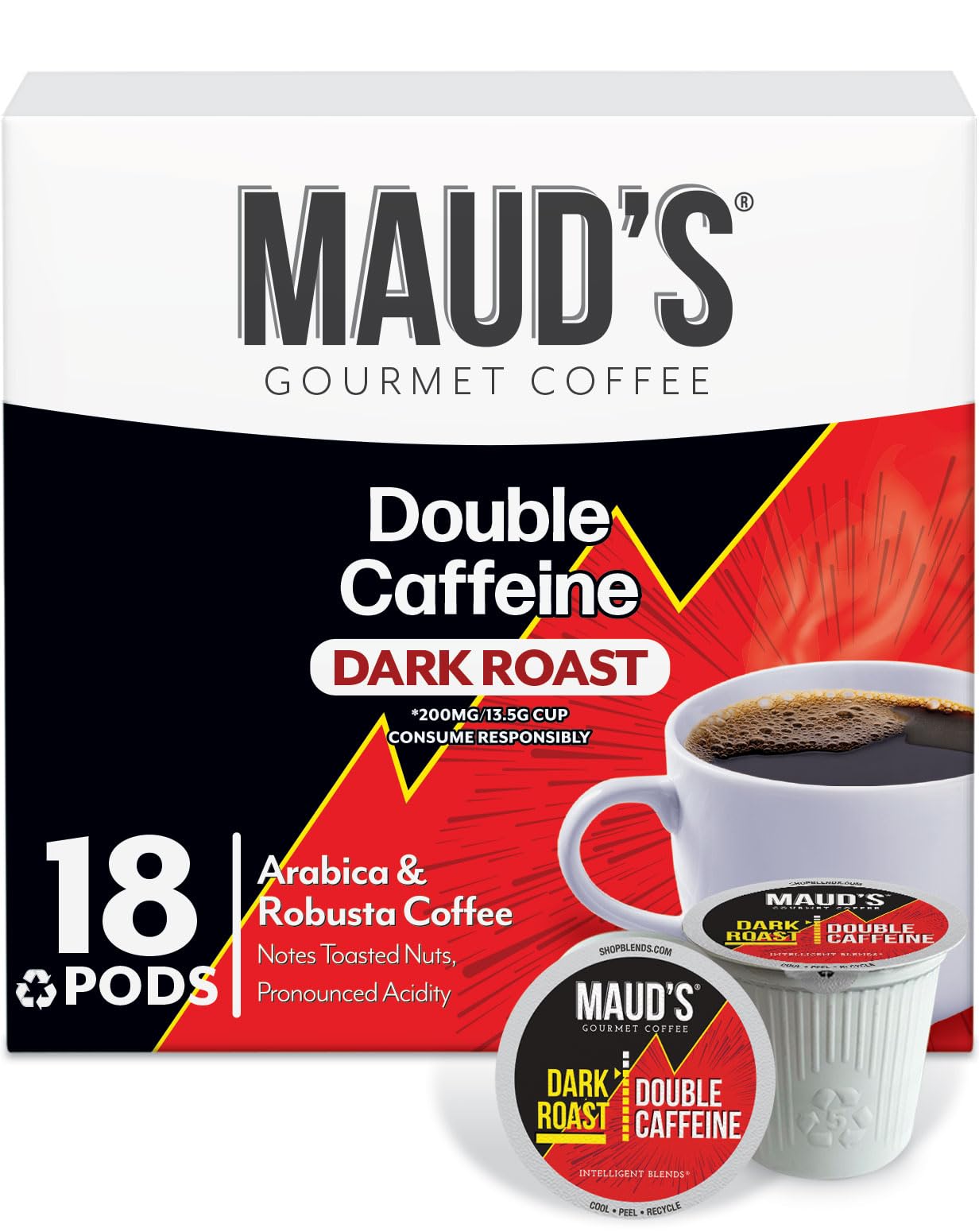 MAUDS Double Caffeine Coffee Pods, Dark Roast, 100% Arabica, 18 Count, Compatible with Keurig K Cups