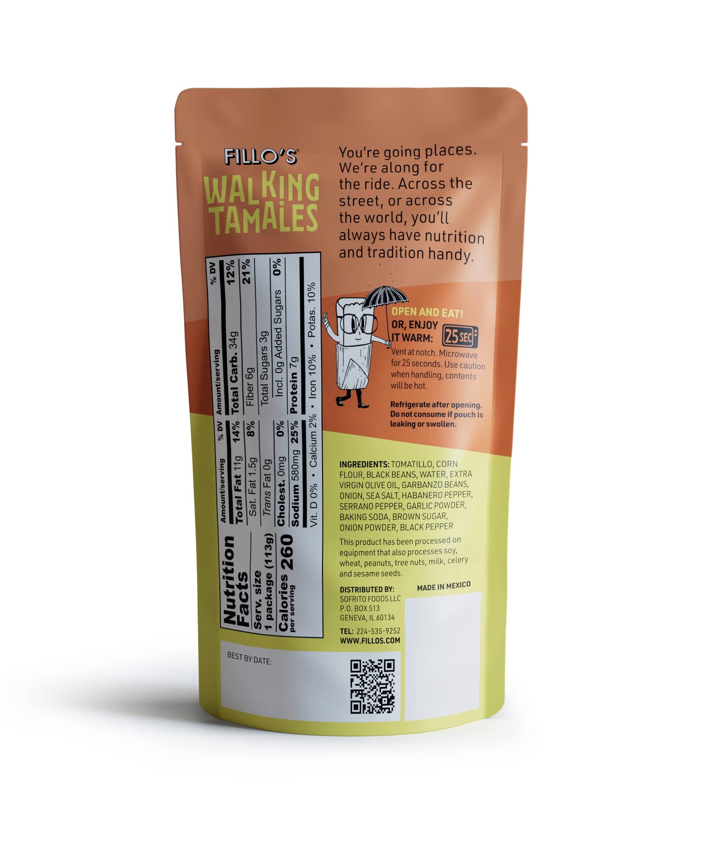 Fillos Walking Tamales, Bean Salsa Habanero, Pk of 7, Ready-to-Eat, Delicious, Gluten-Free, Preservative-Free, No Added Sugar,