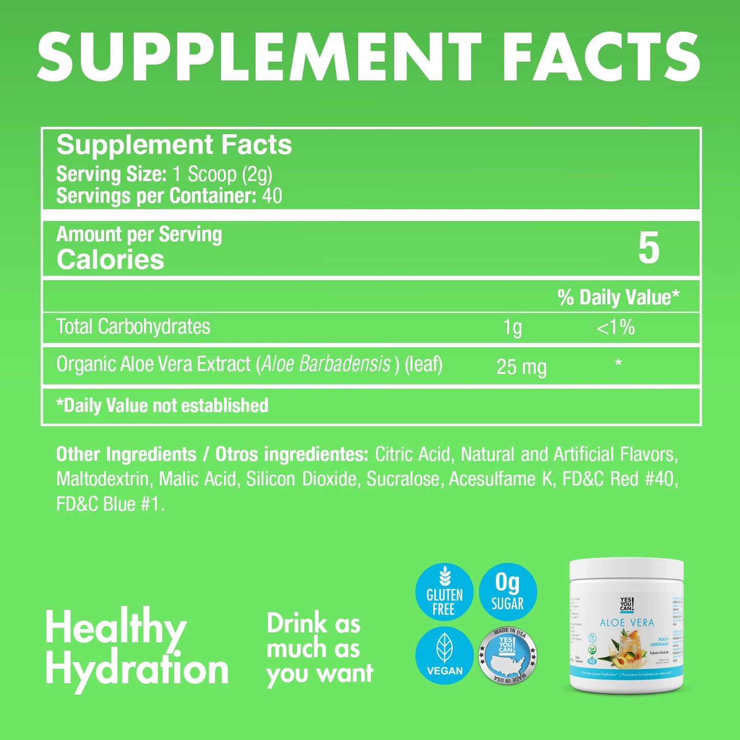 Yes You Can! Organic Aloe Vera Powder Drink Mix - Peach Lemonade - 40 Servings - Hydration Booster - Made in USA