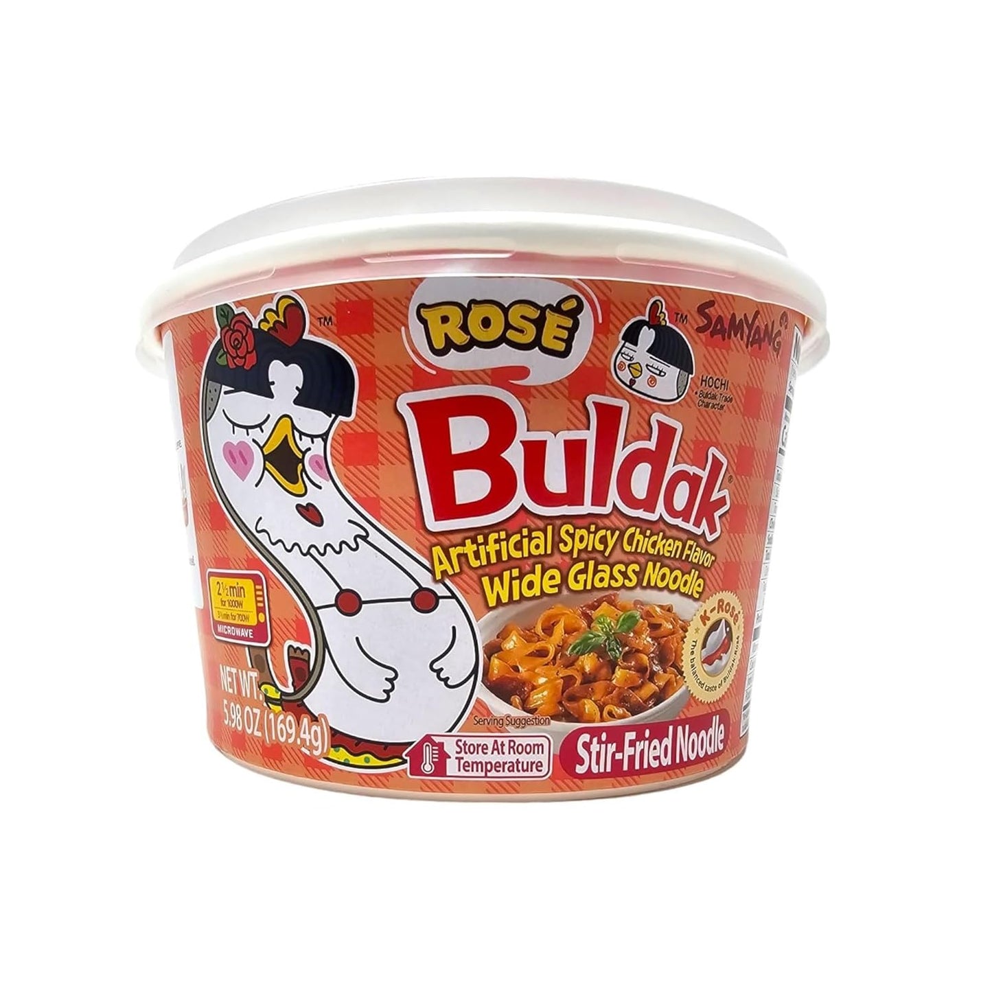 Buldak K Rose, Wide Flat Glass Noodles, Big Bowl Cup, Korean Fire Challenge Microwaveable (5.98oz)