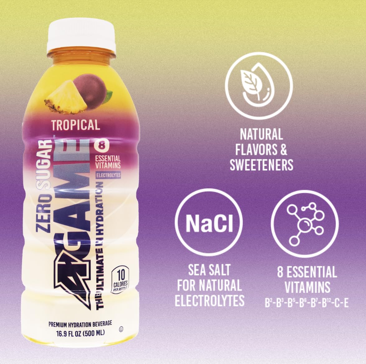 A-Game Zero Sugar Sports Drink, Tropical Zero,Ultimate Sugar Free Hydration, 8 Essential Vitamins: B,C & E, Sea Salt Electrolyte