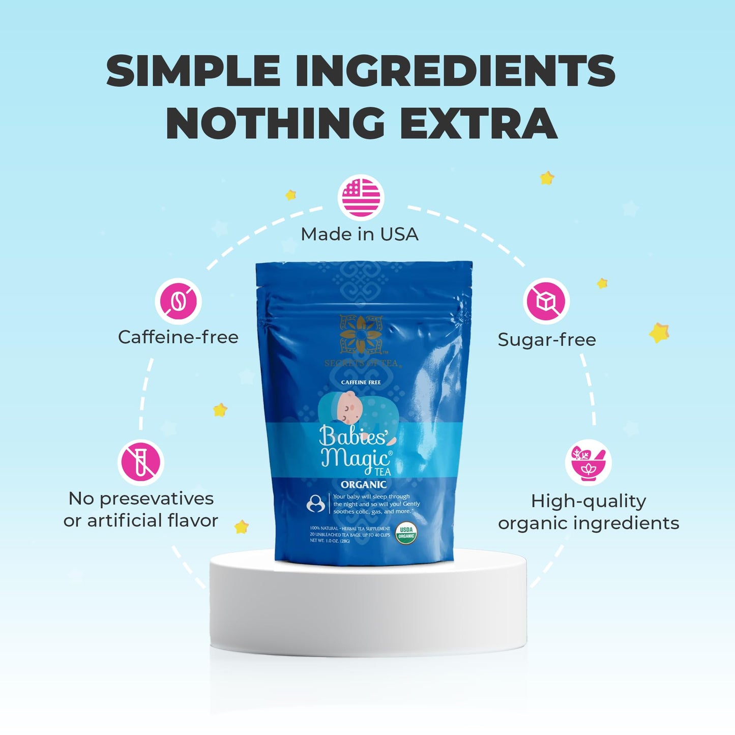 Secrets Of Tea - Babies Magic Tea: Natural Relief For Baby Colic And Gas - Usda Organic, Caffeine-Free, Promotes Better Sleep- 20 Count ((1 Pack)