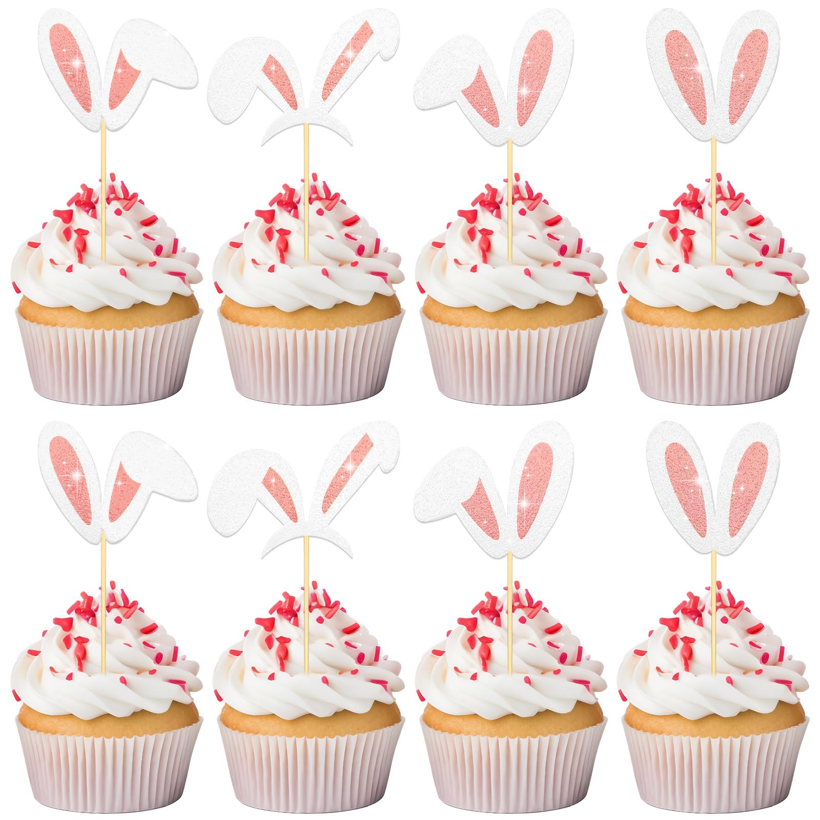 Augsun 36Pcs Easter Bunny Ear Cupcake Toppers Glitter Rabbit Ears Cupcake Pick Decorations Rabbit Cake Toppers For Spring Birthday Baby Shower Party Supplies