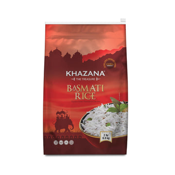 Khazana Authentic Extra Long Basmati Rice - 2lb Resealable Zipper Bag | Non-GMO, Gluten-Free, Kosher & Cholesterol-Free | Aromat