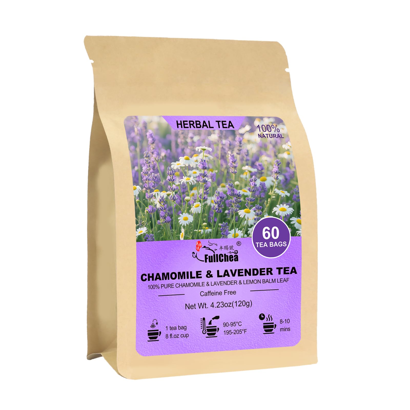 Fullchea - Chamomile Lavender Tea Bags For Relaxation & Playter Sleep - 60 Count - Energy Blend-Free Blend Herbal Tea - Top-Grade Chamomile & Lavender Flowers