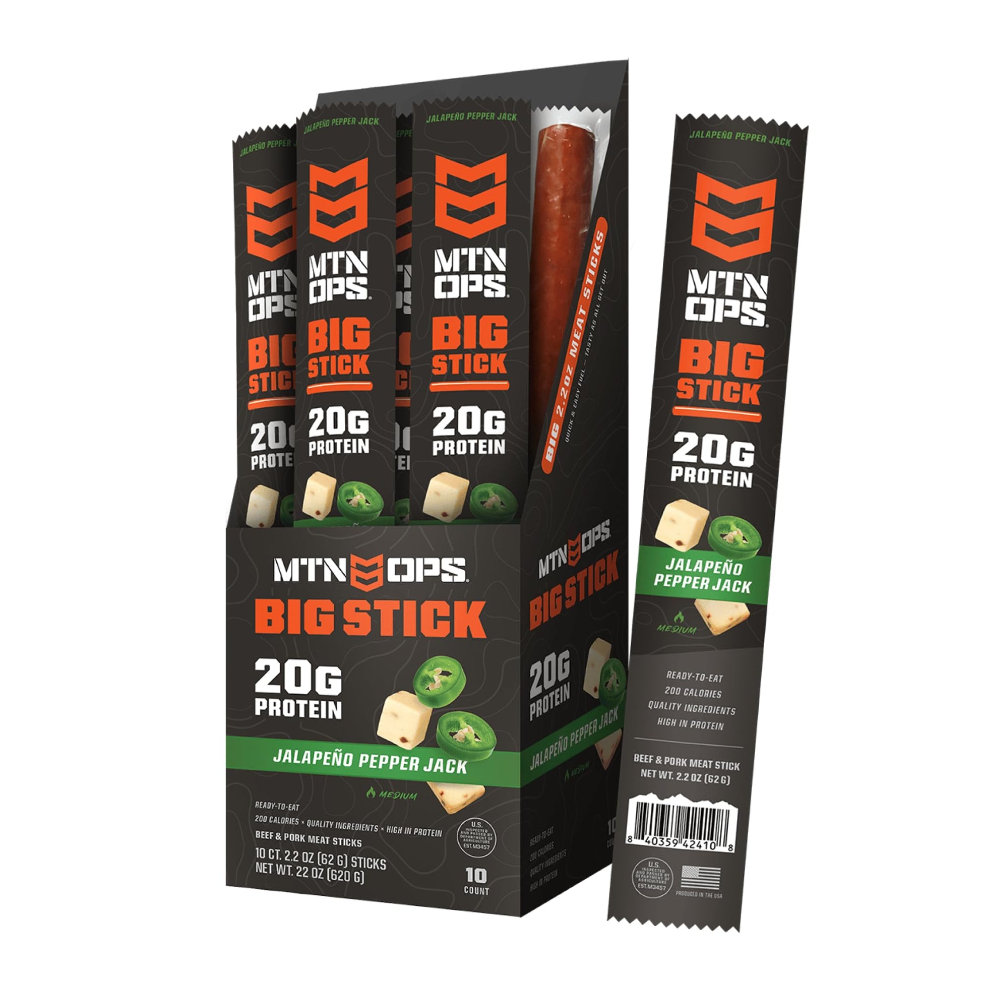 MTN OPS Big Stick High Protein Meat Sticks - 20g Protein  10% Collagen - Jalapeo Pepper Jack Flavor - Individually Wrapped Beef Snacks - 10 Count Carton