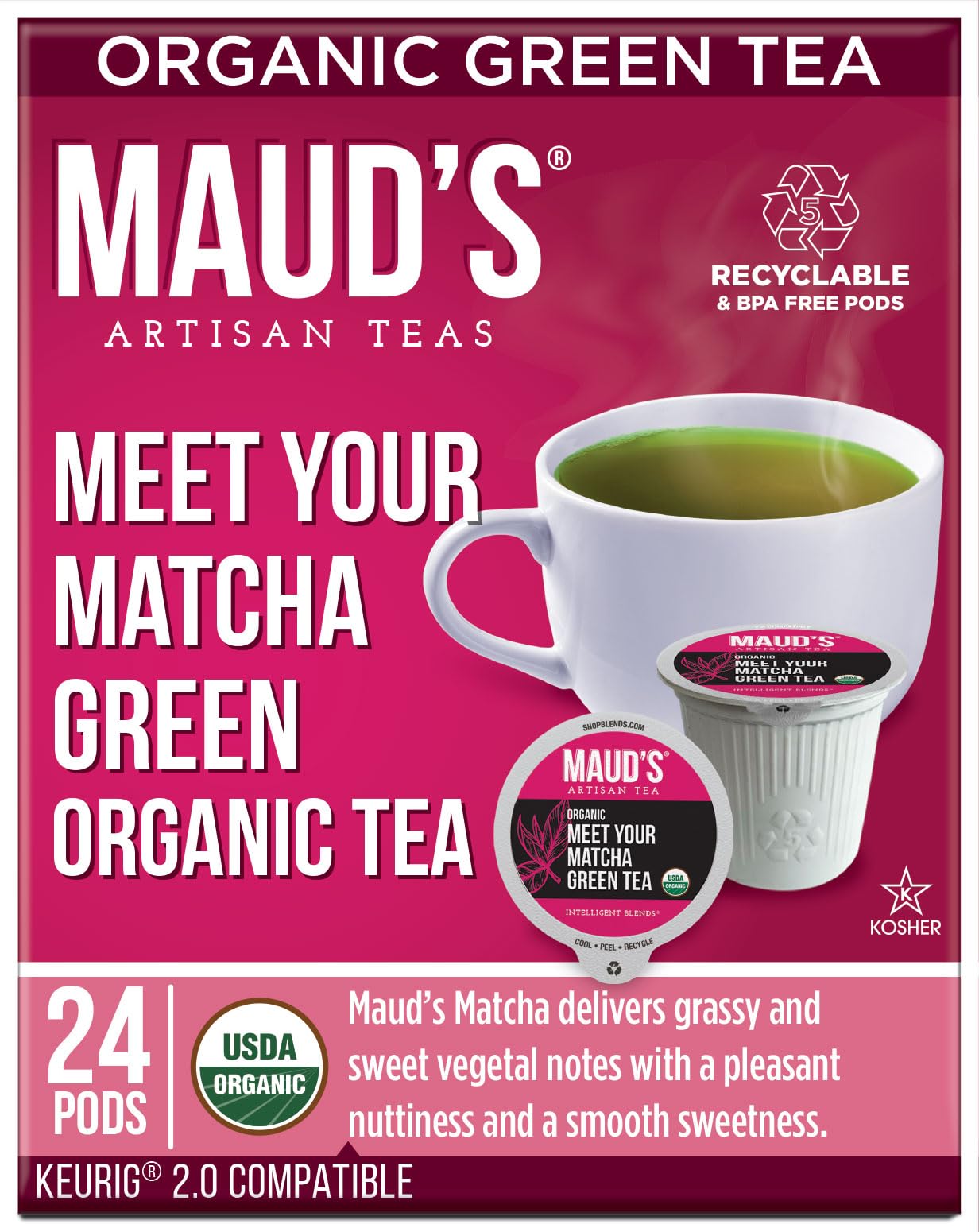 MAUDS Organic Matcha Green Tea Pods, 24ct, KCup Compatible, 100% Organic, Solar Energy Produced, Recyclable