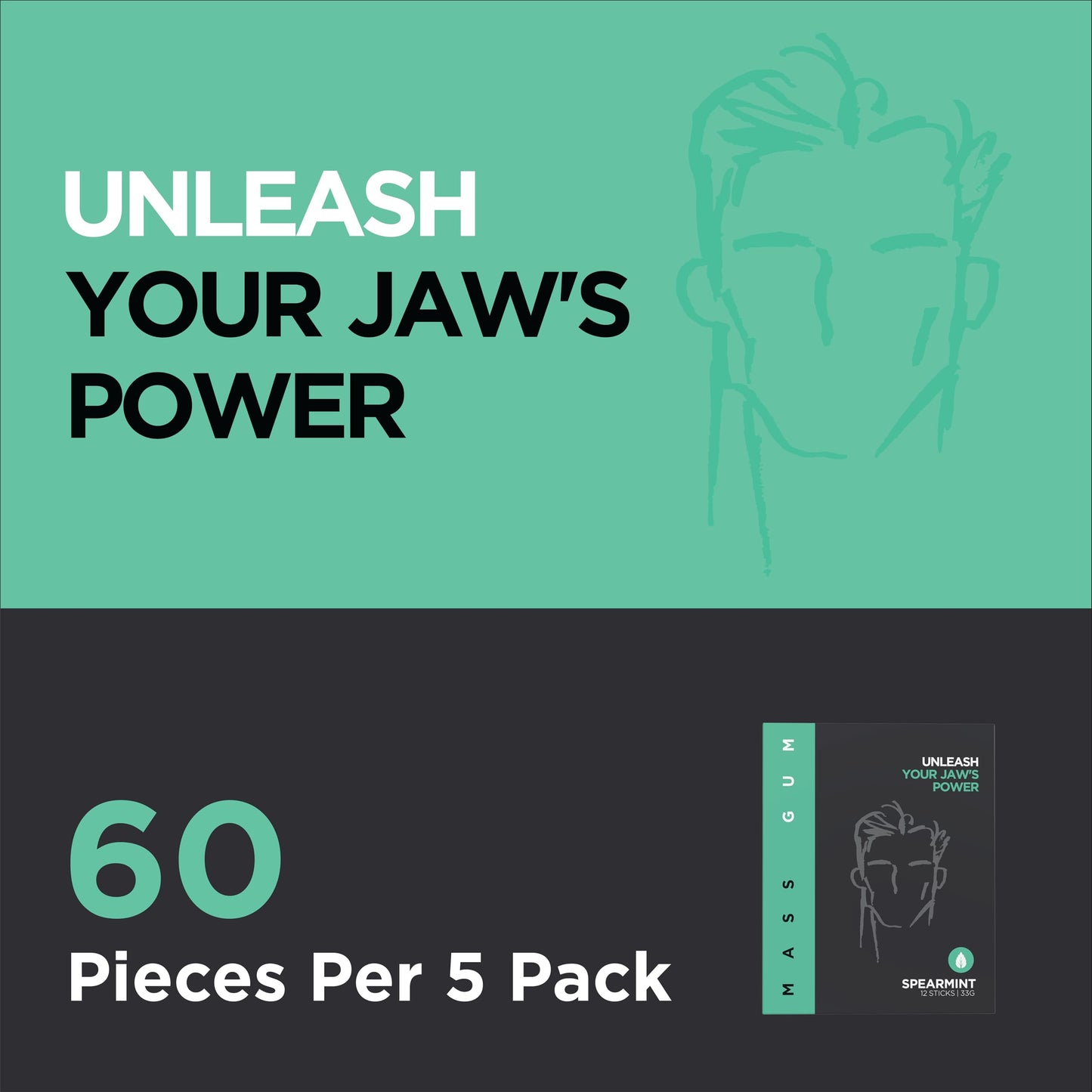 Mass Gum Tough Chewing Gum - Spearmint Flavor - 60 Count - Jawline Exerciser - Hard Gum