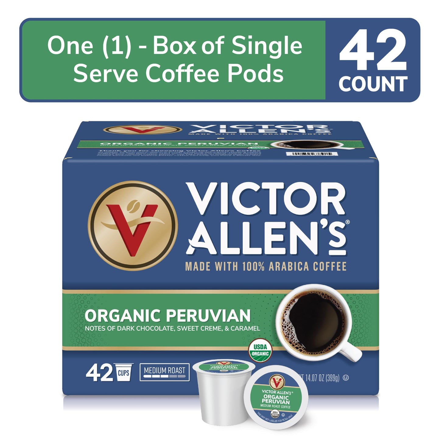 Victor Allens Coffee Organic Peruvian Medium Roast Coffee Pods, 42 Count, Compatible with Keurig K-Cup malt-inspired, Brown