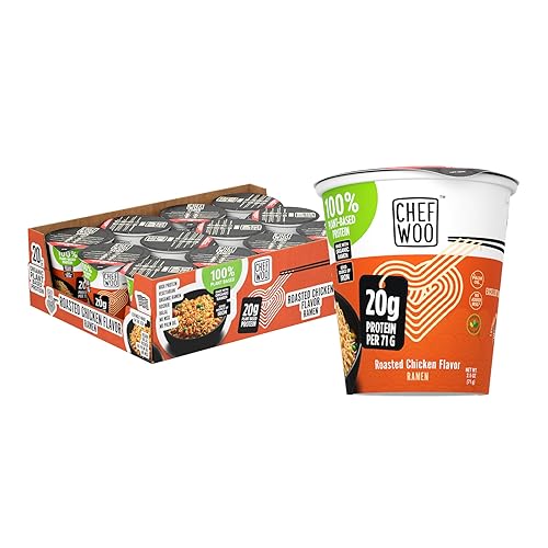 CHEF WOO Roasted Chicken Ramen Cup, High Protein Noodles, 20g Animal-Free Protein, 12 Pack, 2.5 oz Each, Made in U.S.