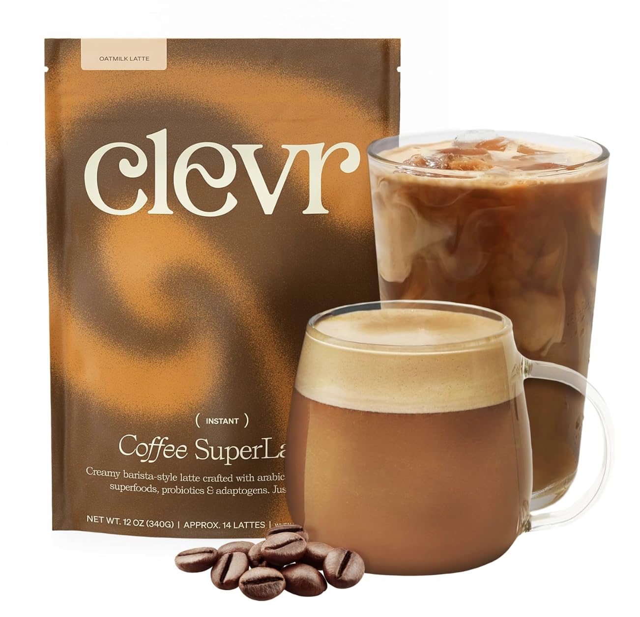 Clevr Mushroom Coffee Latte Instant Powder, Oat Milk, 12 Ounce, Fair Trade, Medium Roast, 14 Servings