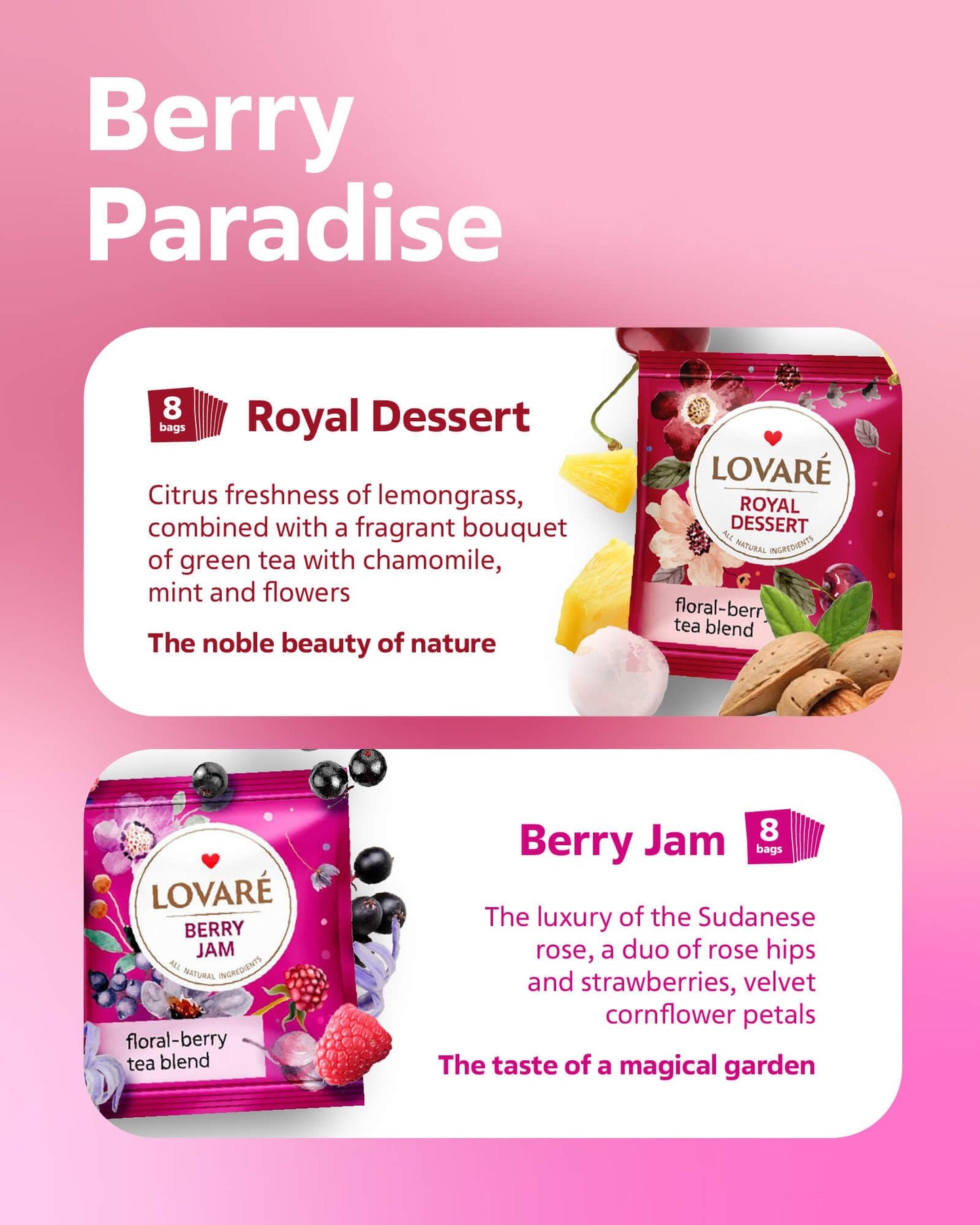 LOVARE Flower Assorted Tea Variety Pack 32 Pack, 4 Tastes - Made in Ukraine - Tea Bags Individually Wrapped - Royal Dessert, Alp