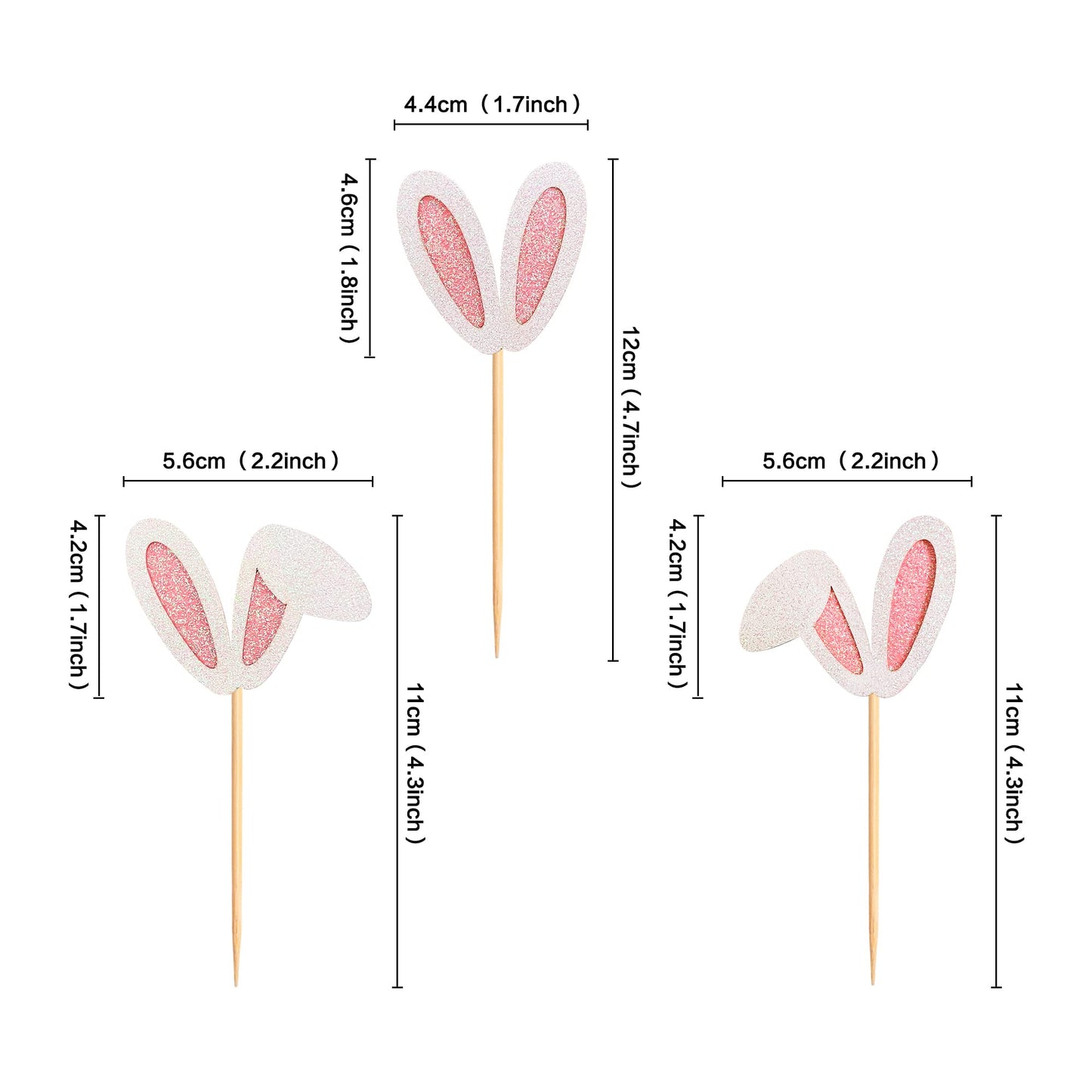 Ercadio 24 Pack Easter Bunny Ear Cupcake Toppers, Glitter Rabbit Ears Cupcake Picks, Easter Day Cake Toppers For Easter Theme Sp