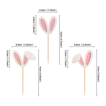 Ercadio 24 Pack Easter Bunny Ear Cupcake Toppers, Glitter Rabbit Ears Cupcake Picks, Easter Day Cake Toppers For Easter Theme Sp