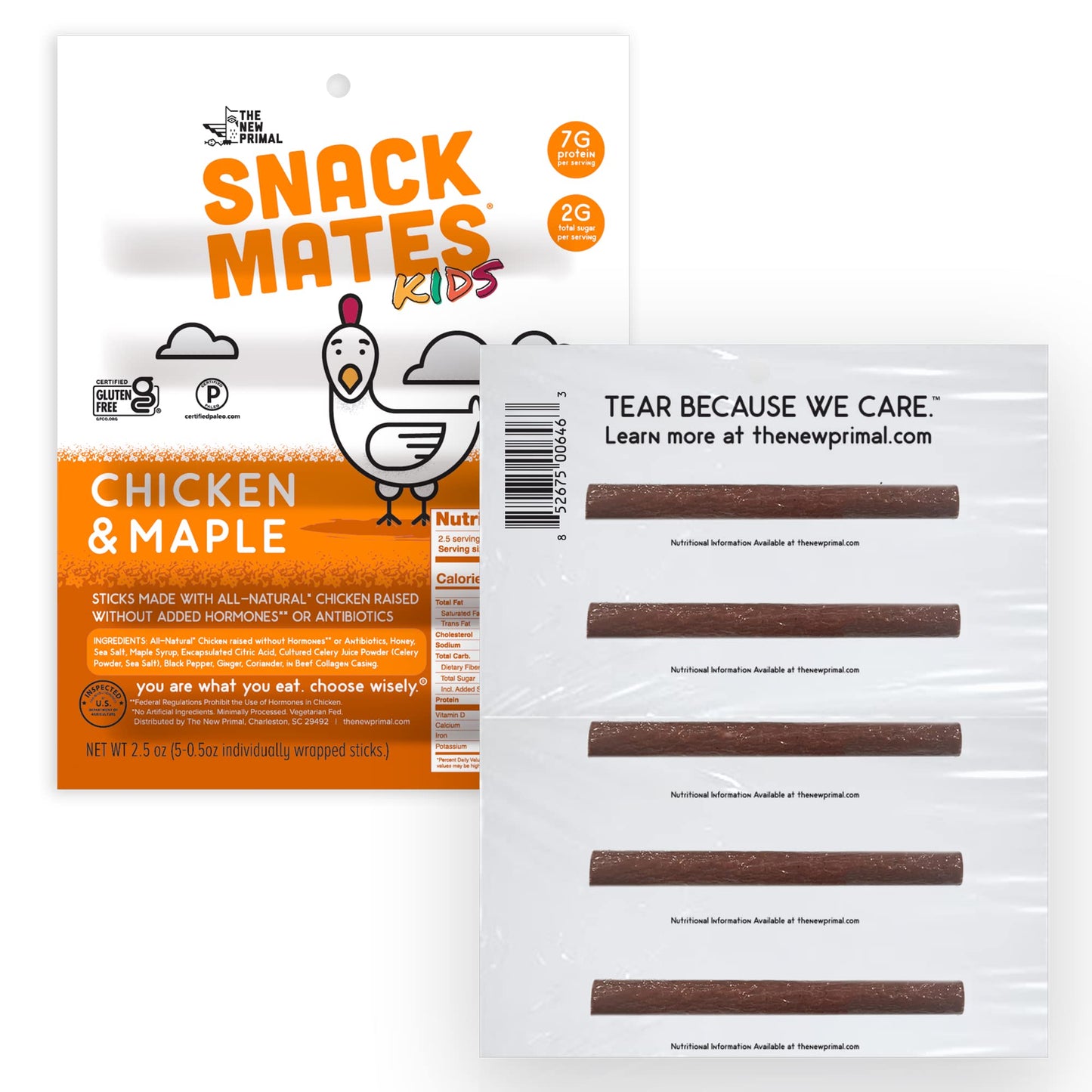 Snack Mates by The New Primal, Chicken & Maple Stick, All-Natural Chicken, High Protein and Low Sugar Kids Snack, Certified Pale