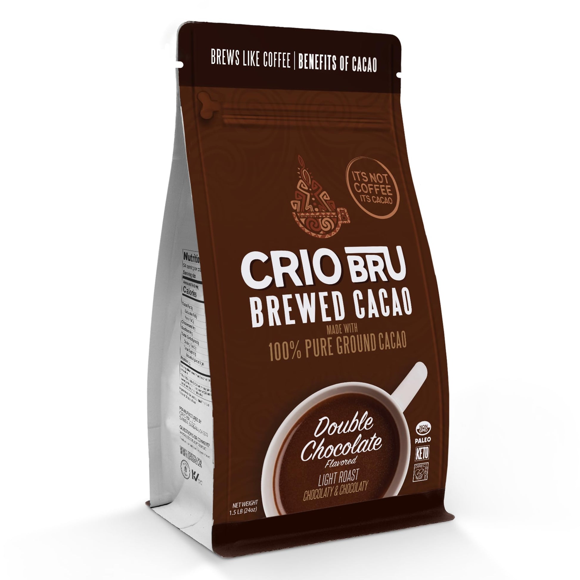 Crio Bru Brewed Cacao Double Chocolate Light Roast - Coffee Alternative Natural Healthy Drink | 100% Pure Ground Cacao Beans | 99.99% Caffeine Free, Keto, Low Carb, Paleo, Brew And Enjoy Hot Or Iced (24Oz)