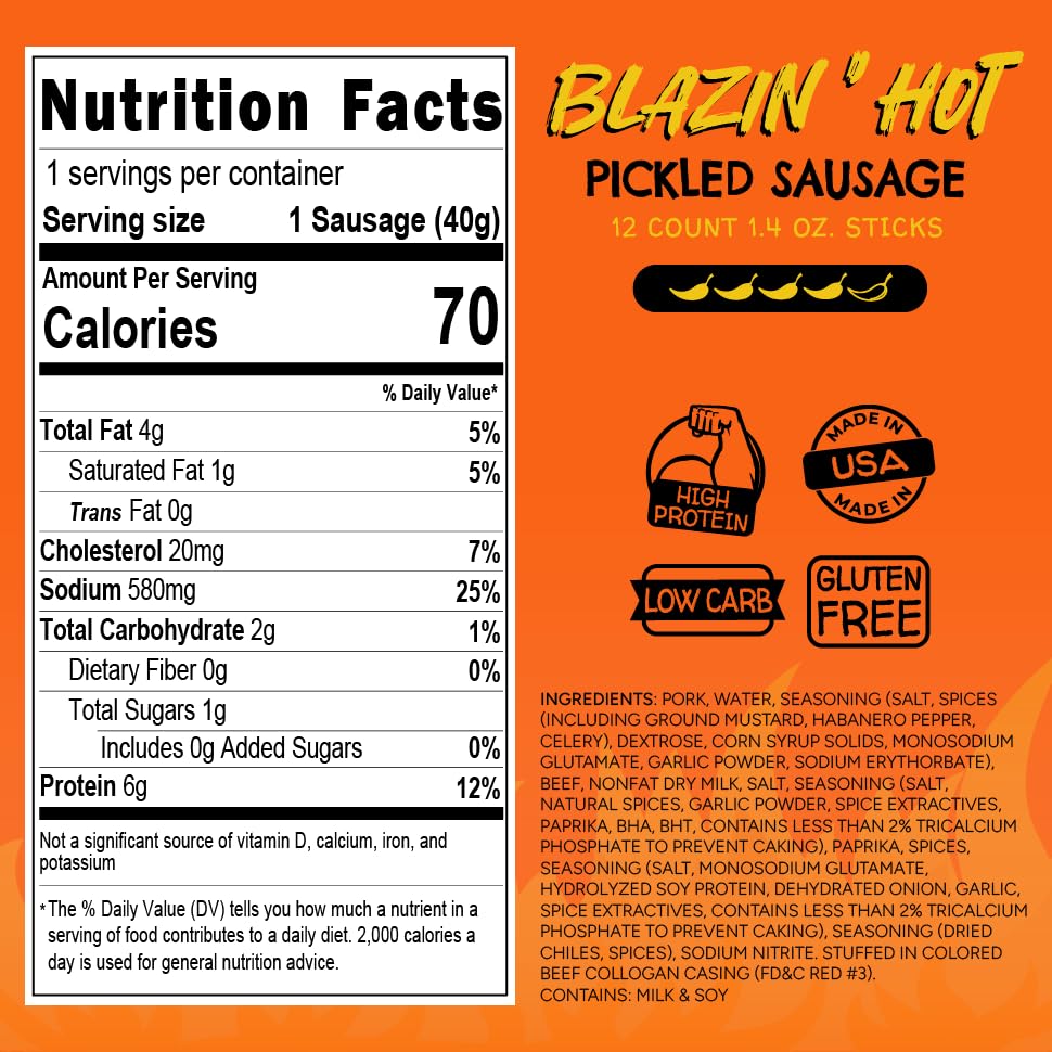 Long John Snacks Blazin Hot Pickled Sausage - Smoked Meat Stick - High Protein, Low Carb, Gluten-Free - 12 Pack