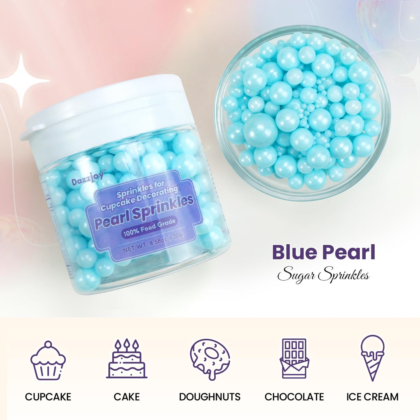 Dazzjoy Edible Pearls Sugar Sprinkles, 130g, Blue Pearl Dessert Sprinkles for Cake Decorating and Cupcake Toppers