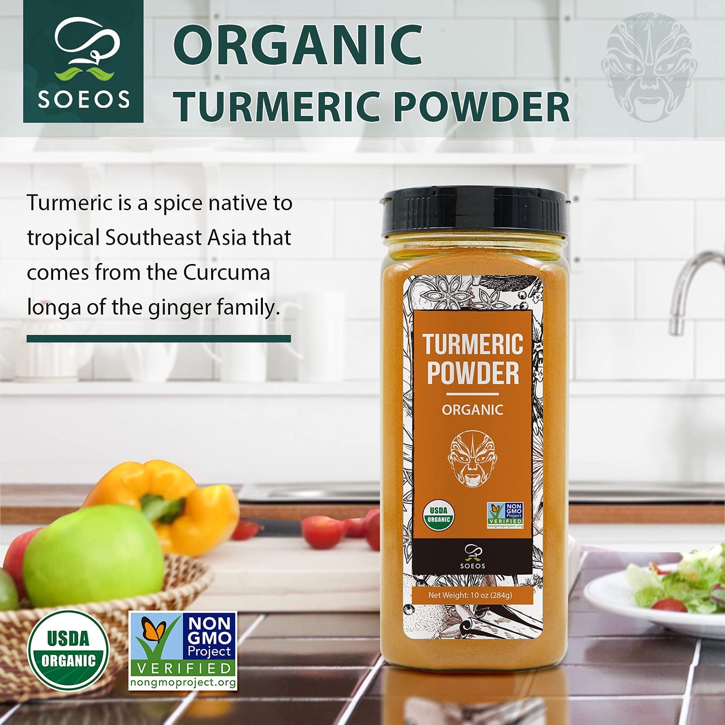 Soeos Organic Turmeric Powder 10oz (284g), Non-GMO Verified, USDA Organic, Natural Curcumin, Lab Tested for Purity, Sealed Packa